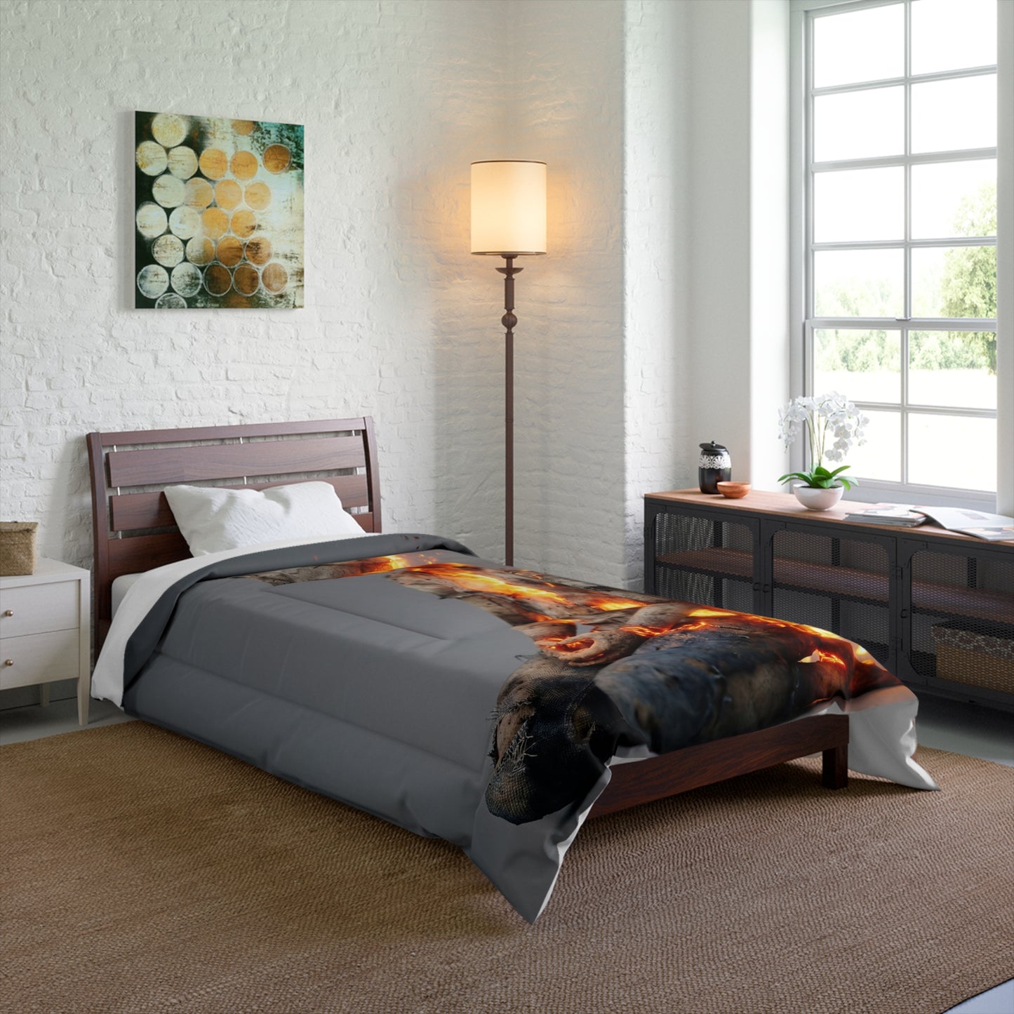 Fiery Awakening Comforter – Crumpled Paper Figure in Blaze