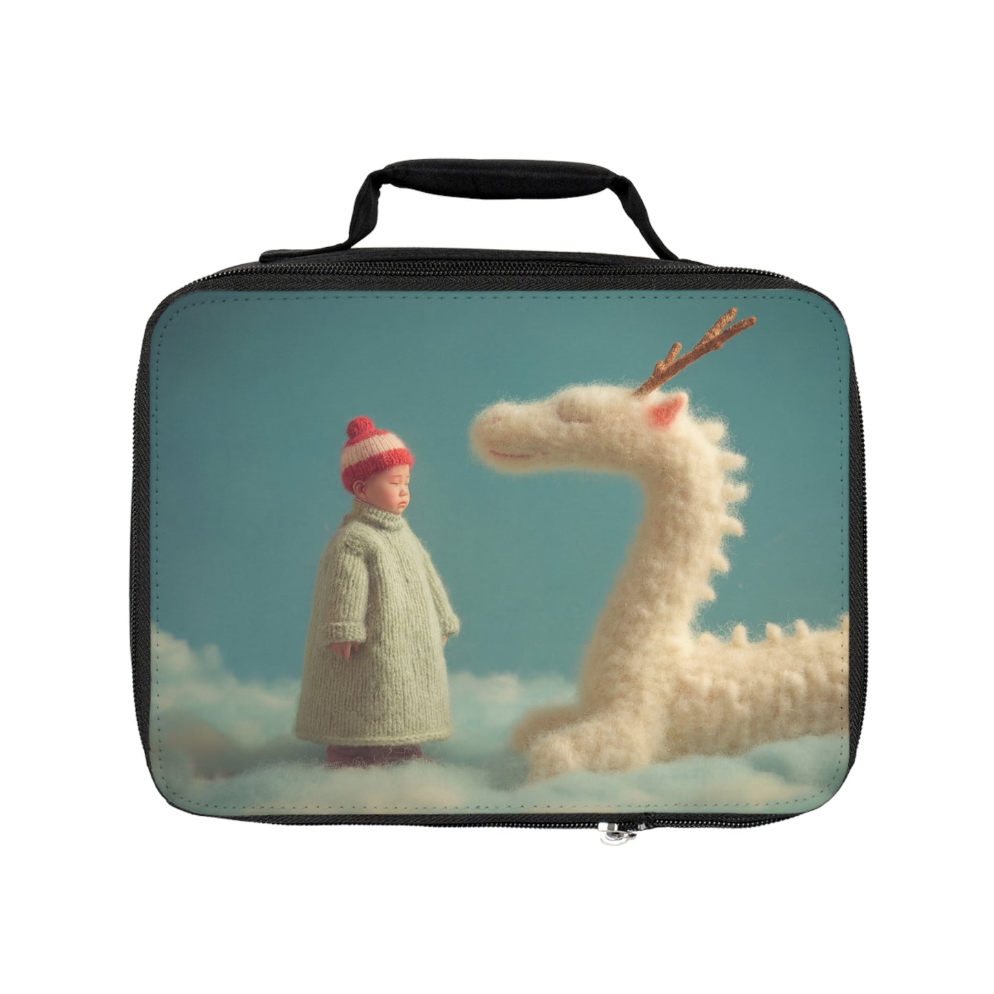 Knitted Dragon & Child Lunch Bag – Whimsical Cloudside Companion