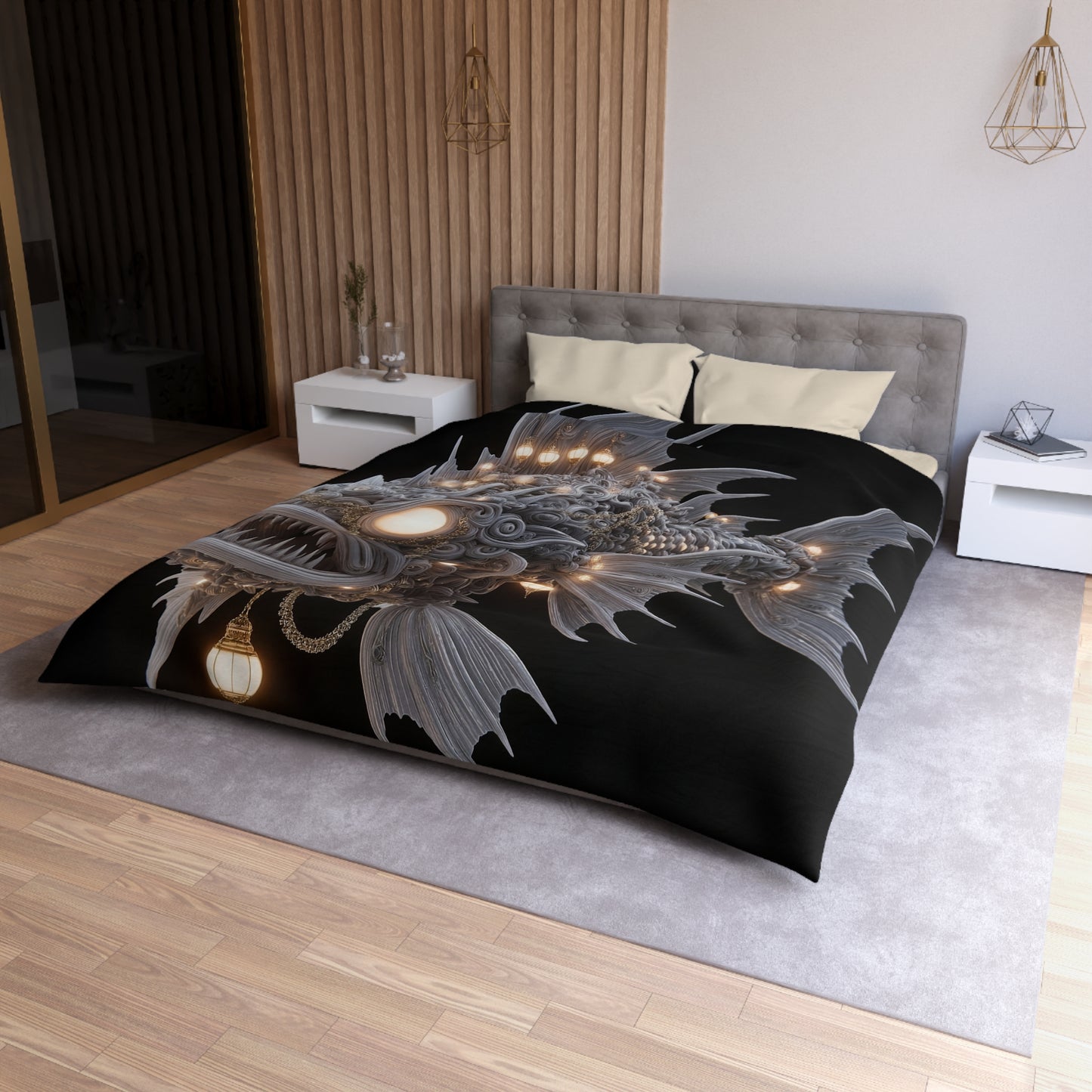 Lantern-Filled Deep-Sea Sentinel Microfiber Duvet Cover – Bioluminescent Abyss Dreamscape