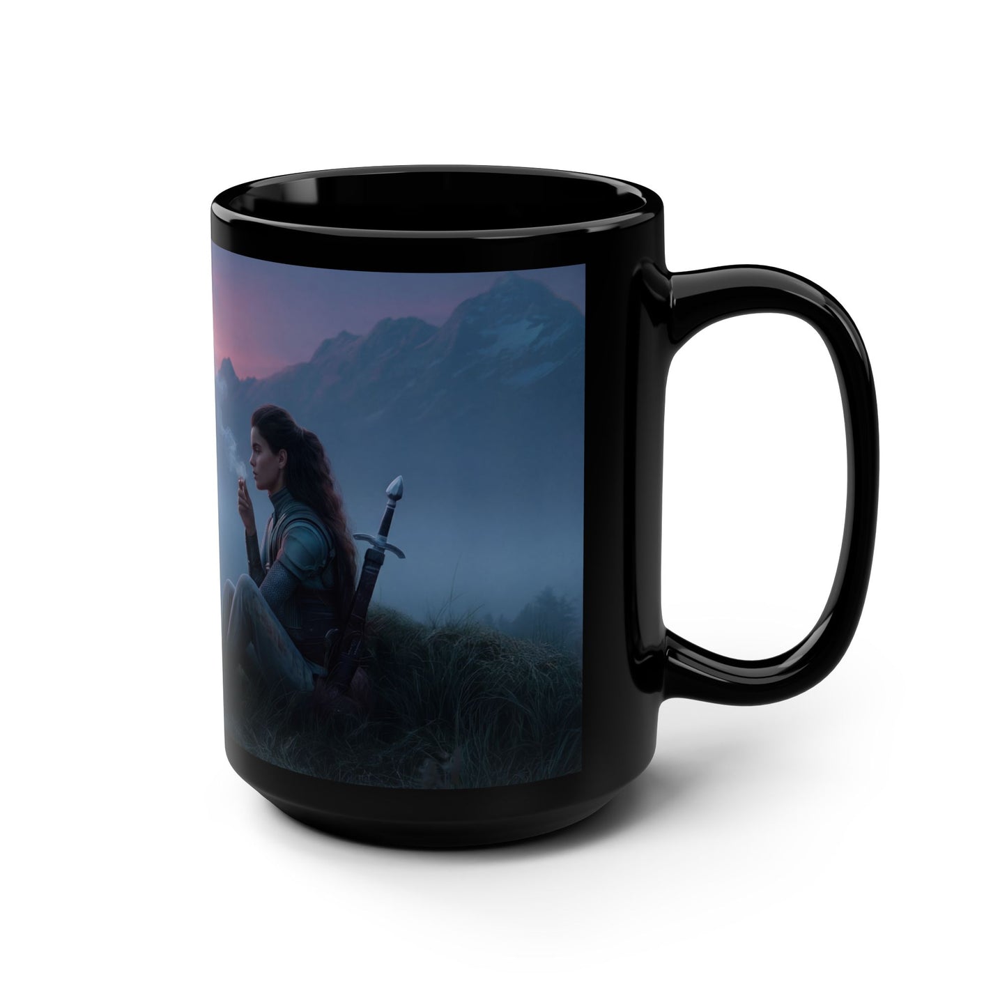 Sentinel and Spark Black Mug, 15oz – Misty Dawn Mountain Guardian