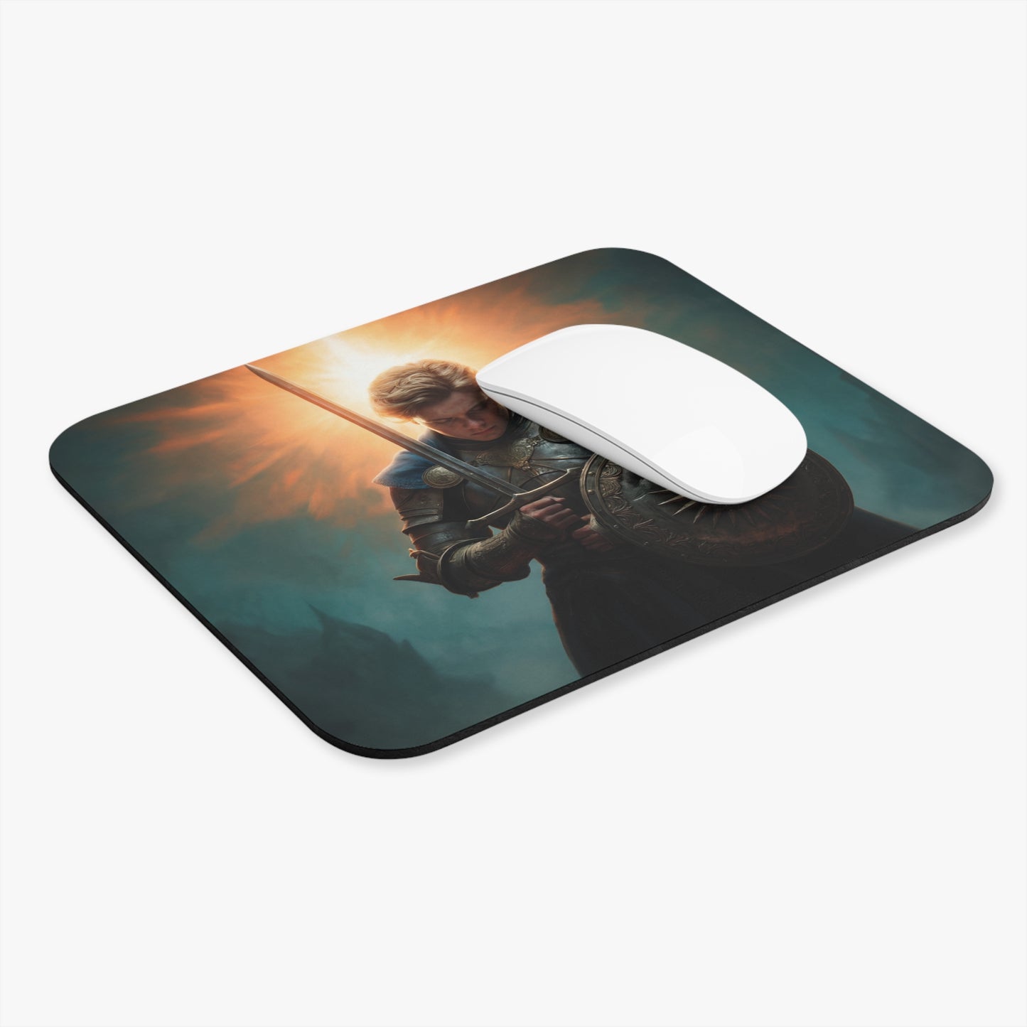 Dawn-Walk Knight Mouse Pad – Sunlit Steel Resolve Rectangle