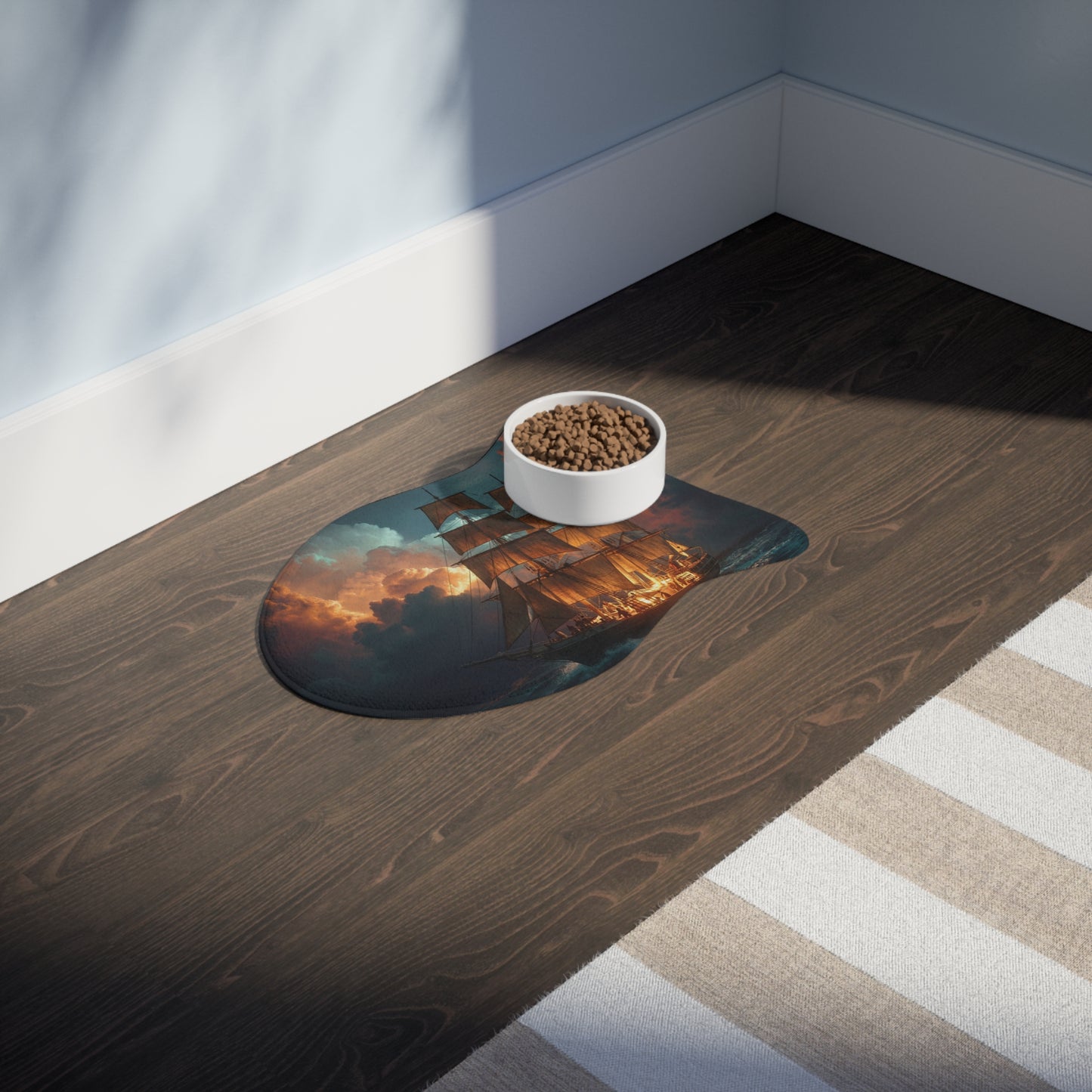 Storm-Beaten Galleon Pet Feeding Mats – Golden Sails on Tempestuous Seascape