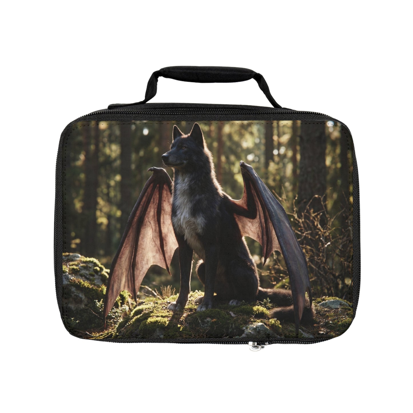 Winged Wolf in Sunlit Forest Lunch Bag – Guardian of the Mossy Glade