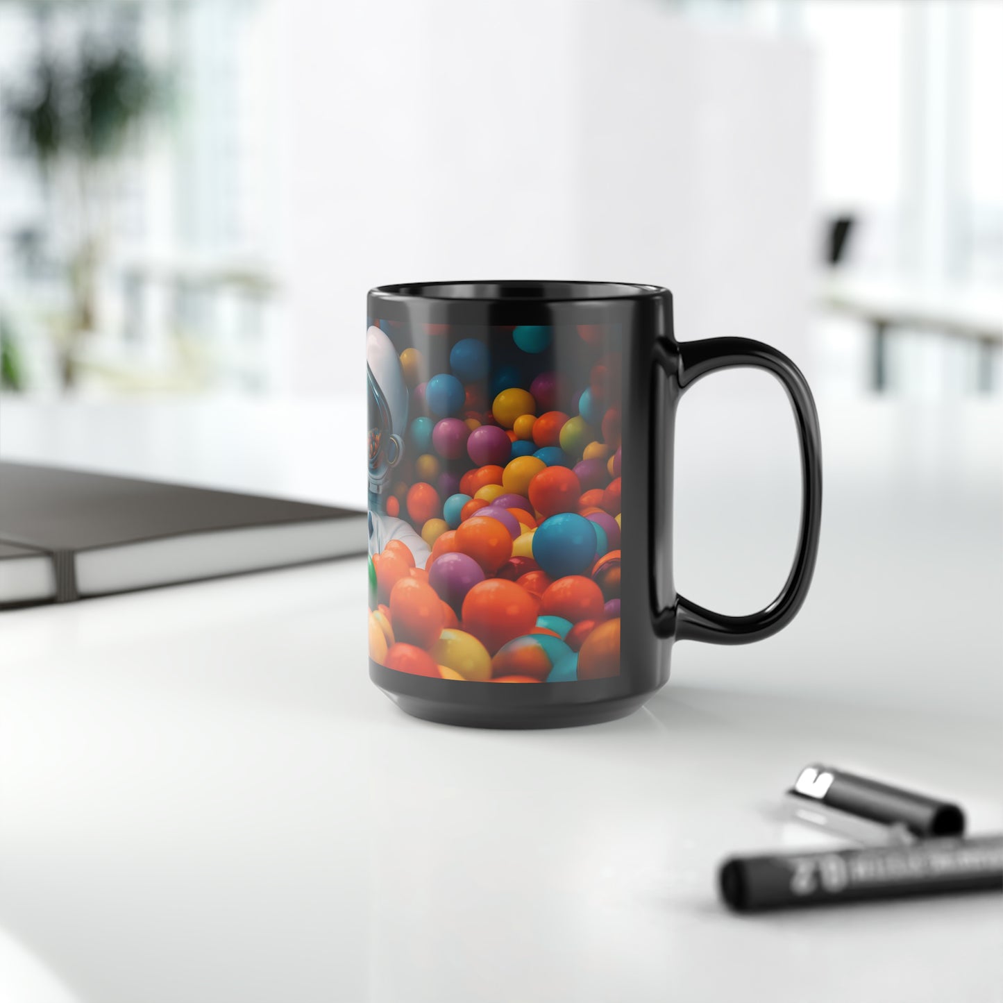 a realistic of photography astronaut lying in colourful balls pool - Mug, Black