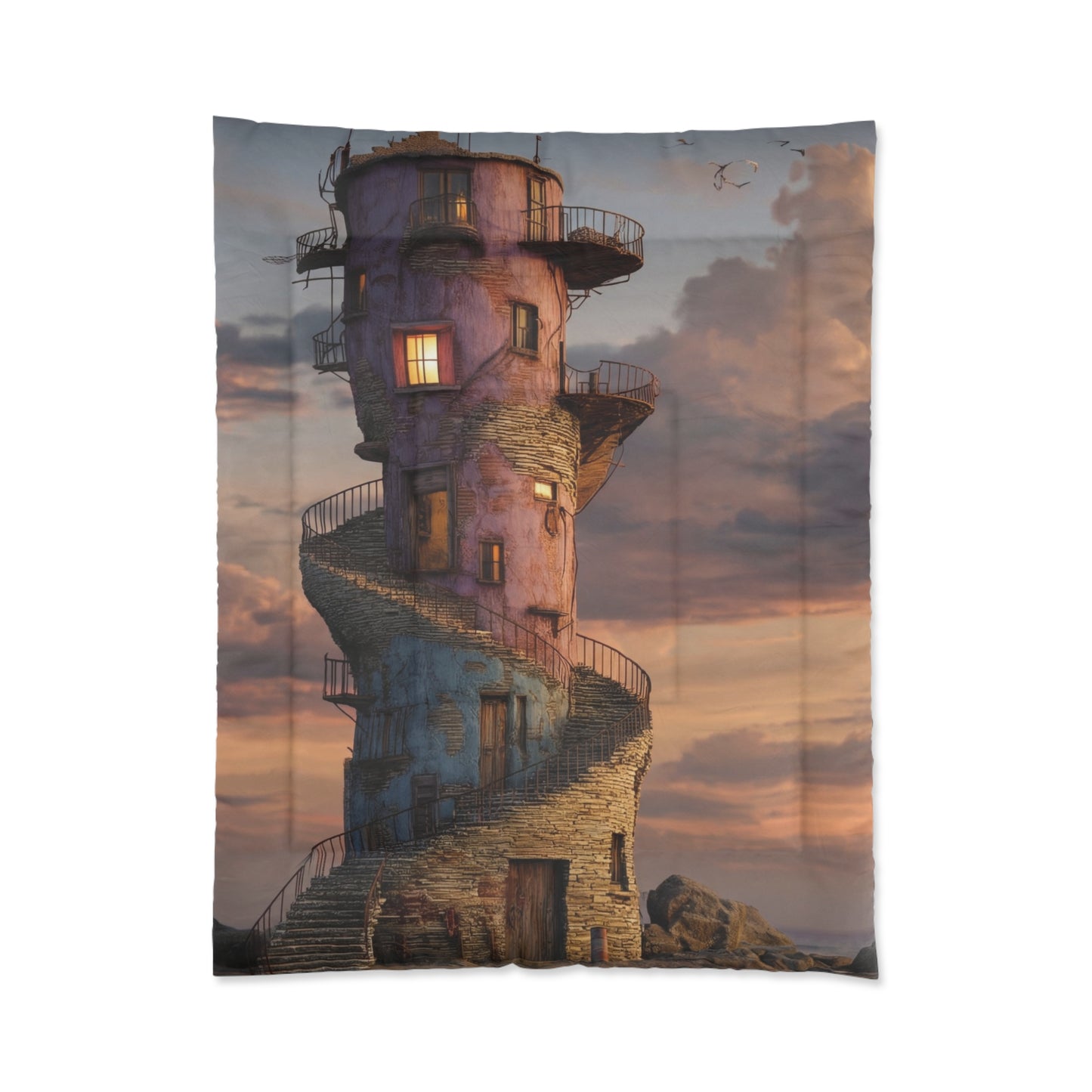 Twilight Lighthouse Comforter – Warm Glow on Rockbound Coast