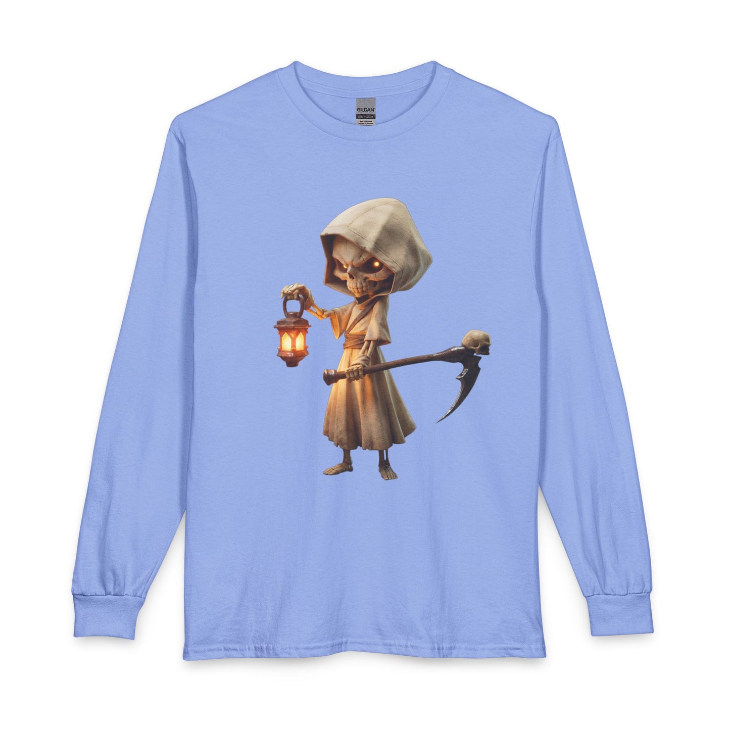 Lantern-Bearing Skeletal Guardian Unisex Long Sleeve T-Shirt – Warm Glow Against Black Canvas