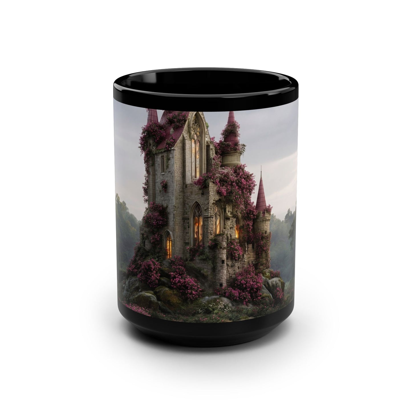 Rosestone Spire Black Mug, 15oz – Blushing Castle at Twilight