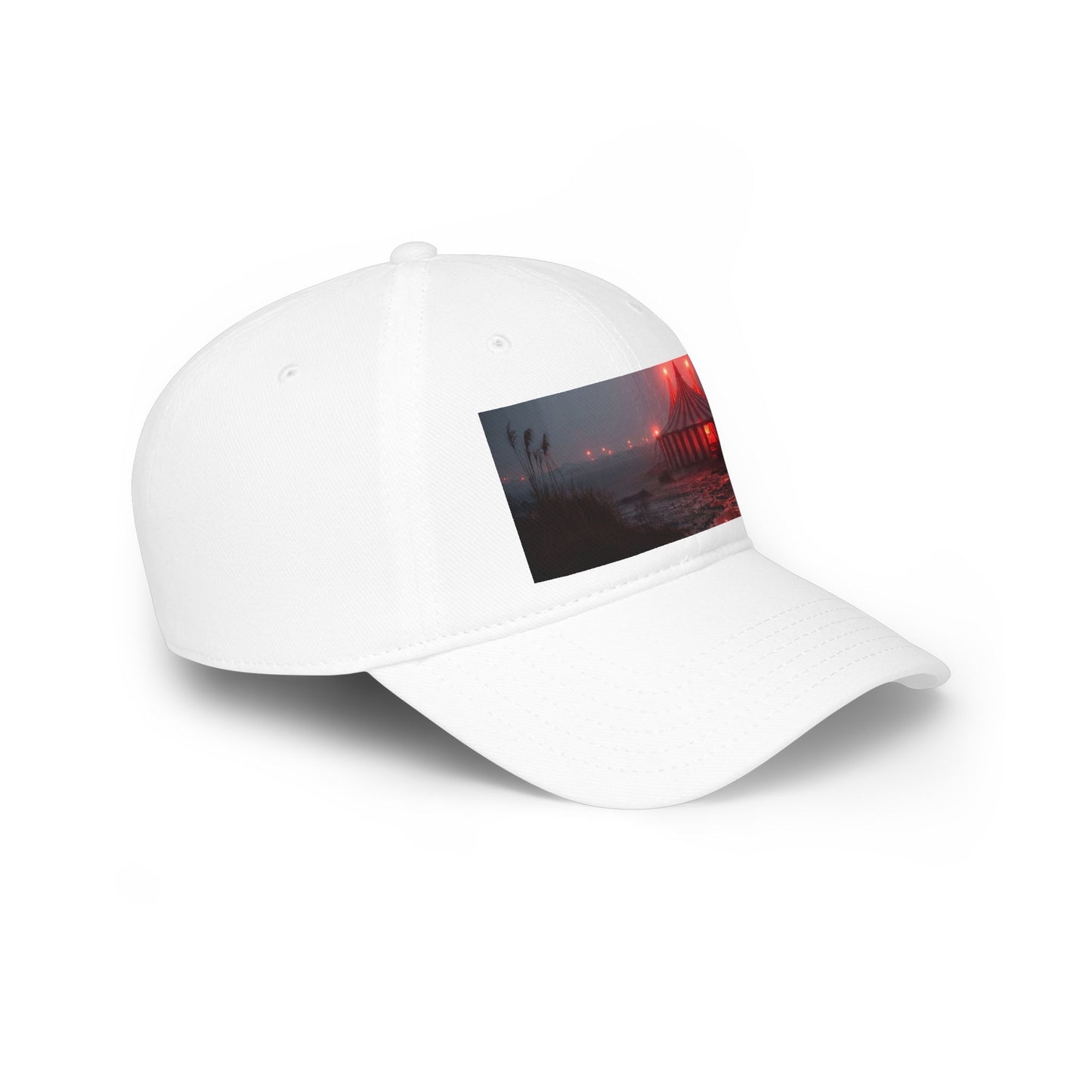 Crimson Carnival Tent Cap – Foggy Shoreline Circus Scene Low Profile Baseball Cap