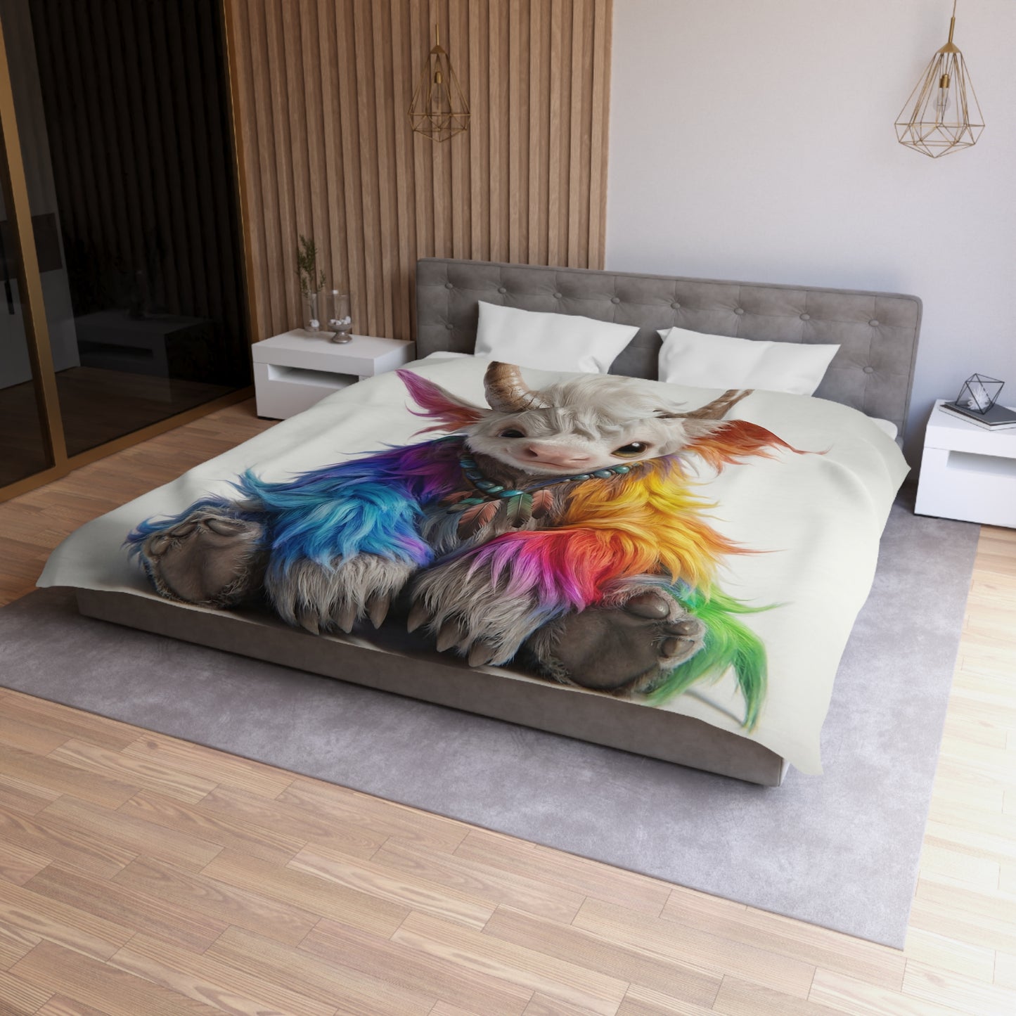 Rainbow Horned Guardian Microfiber Duvet Cover – Softly Glowing Twilight Companion