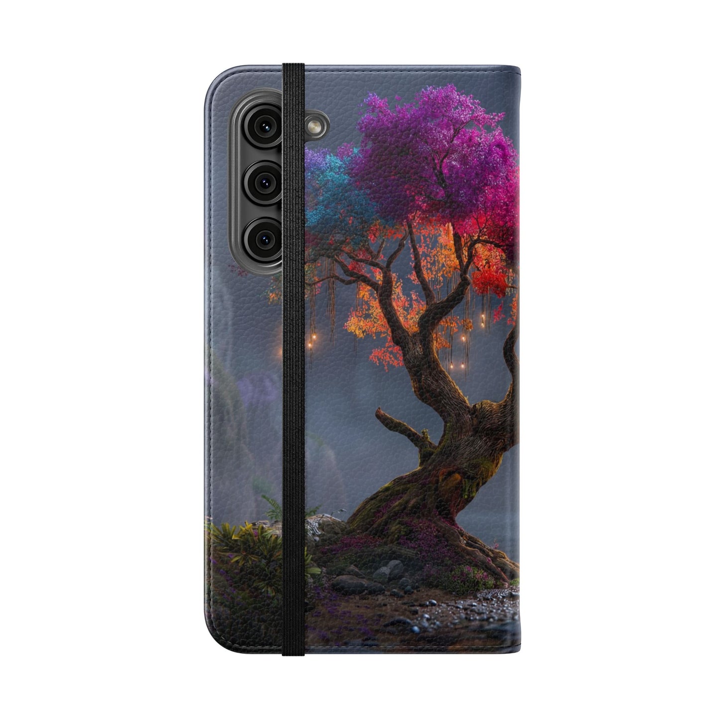 Chromatic Canopy Flip Cases – Rainbow Tree Moonlit Waterfall Scene