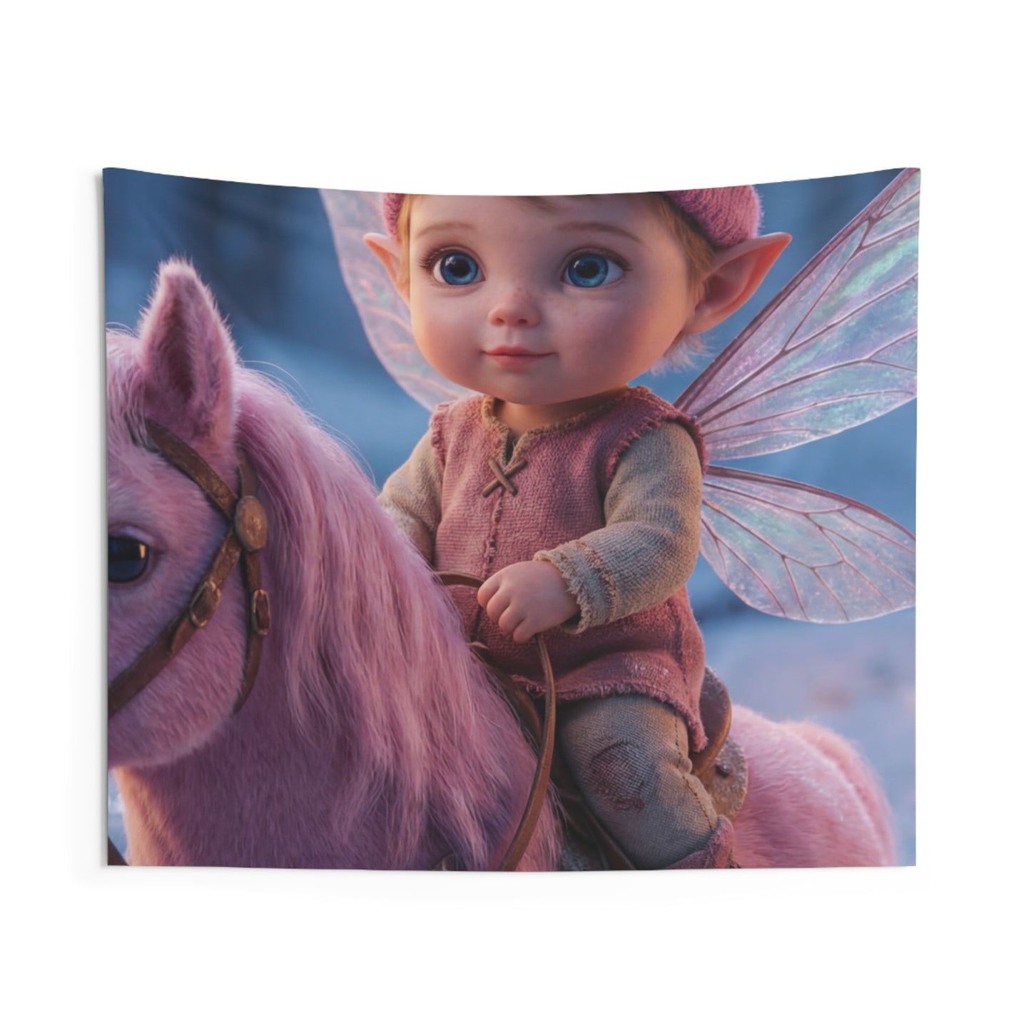 Fairy Child on Pink Unicorn Indoor Wall Tapestries – Winter Forest Whispers