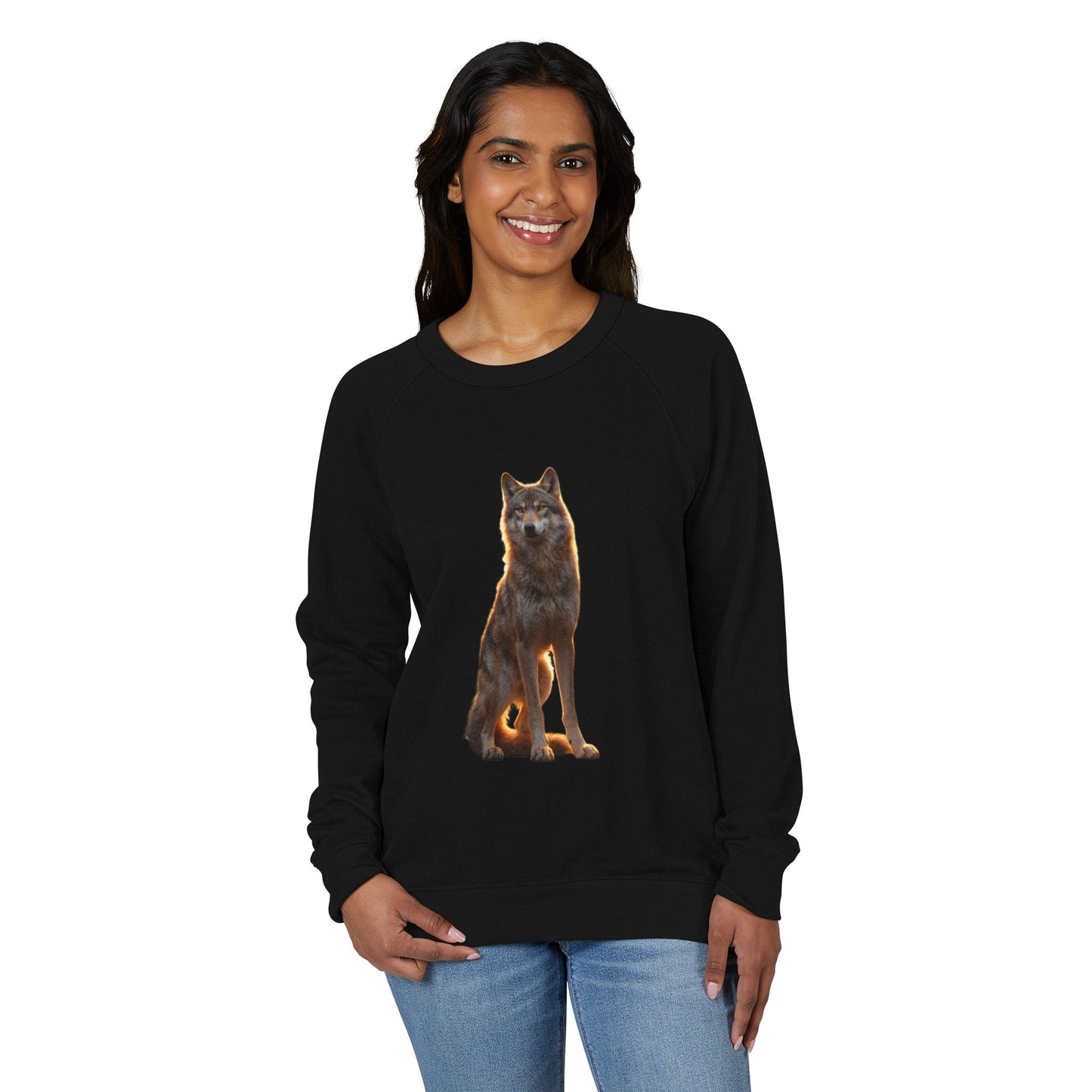 Golden Hour Wolf Unisex French Terry Raglan Crewneck – Amber Silhouette Standee