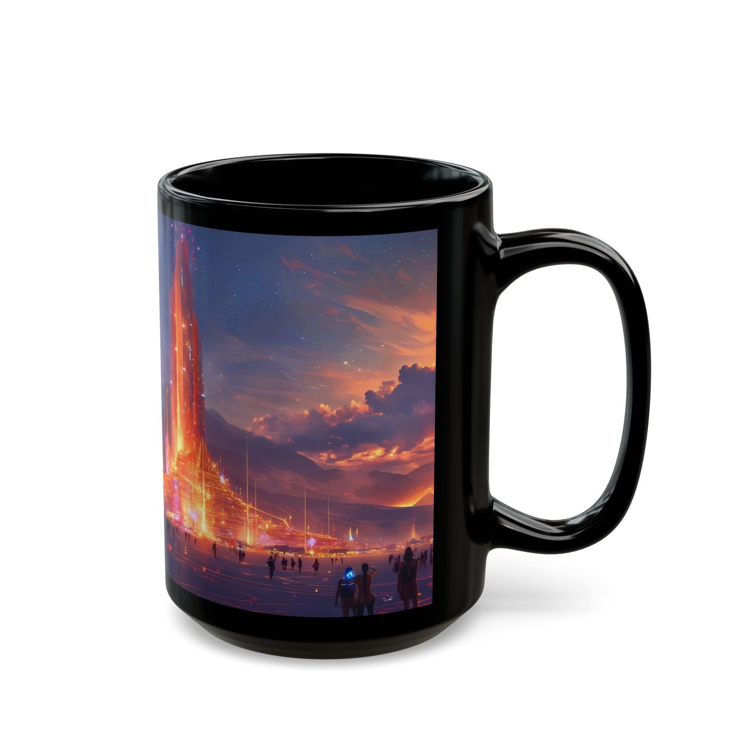 Cosmic Spire Black Mug – Neon Desert Temple Dreamscape