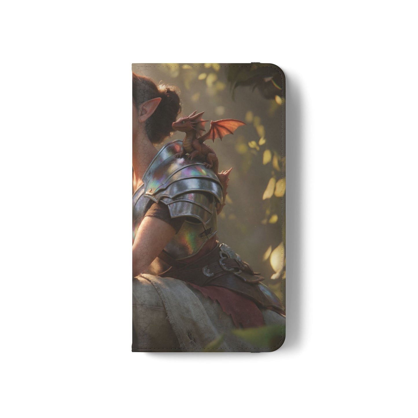 Elven Knight with Dragon Flip Cases – Iridescent Armor & Tiny Guardian Portrait