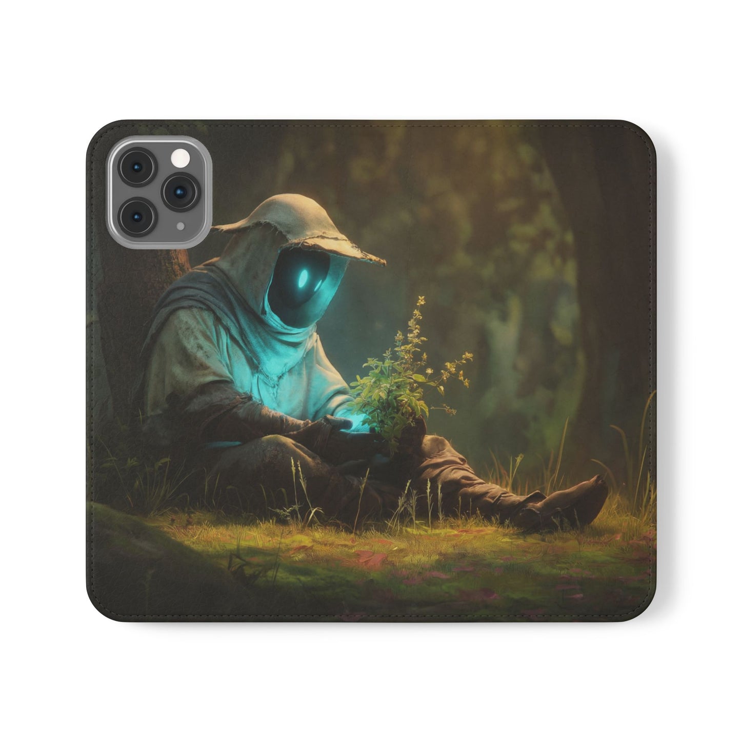 Glowing Orb Hooded Guardian Flip Cases – Bioluminescent Forest Keeper