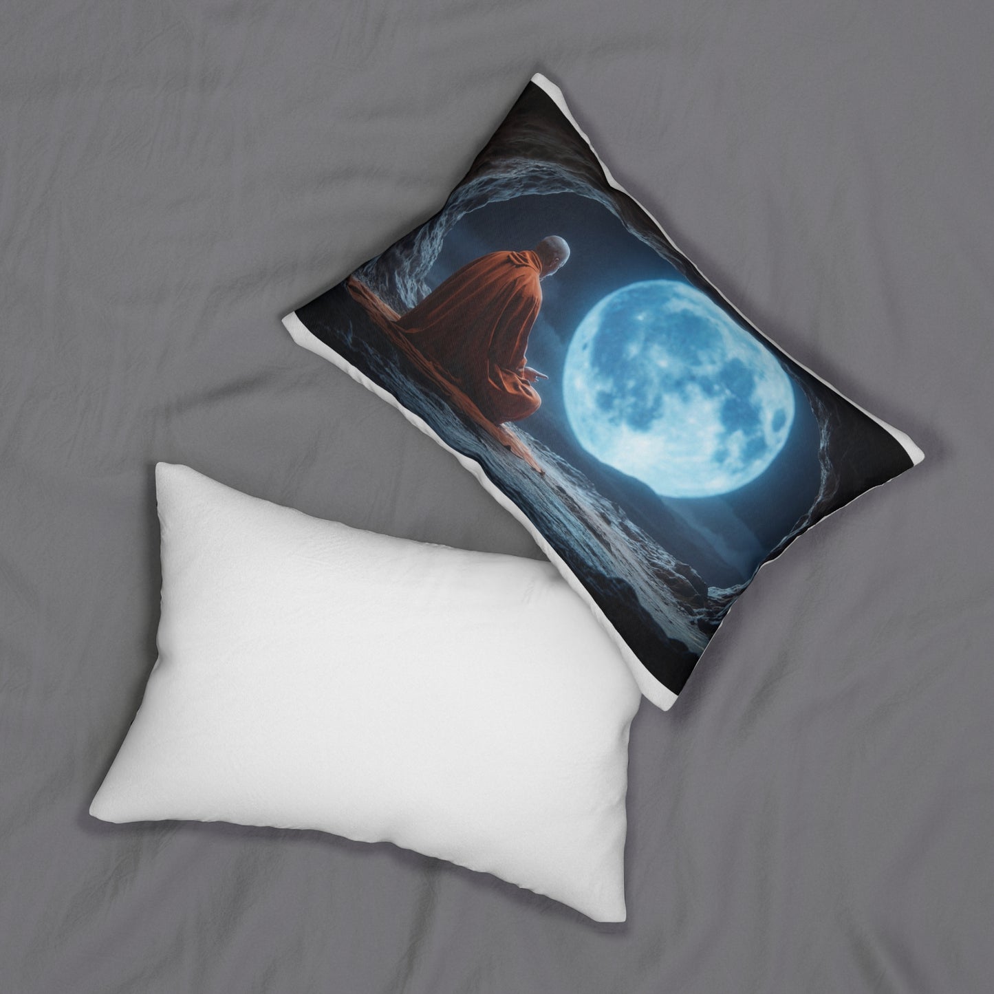 Moonlit Monk Spun Polyester Lumbar Pillow – Tranquil Cave Meditation Scene