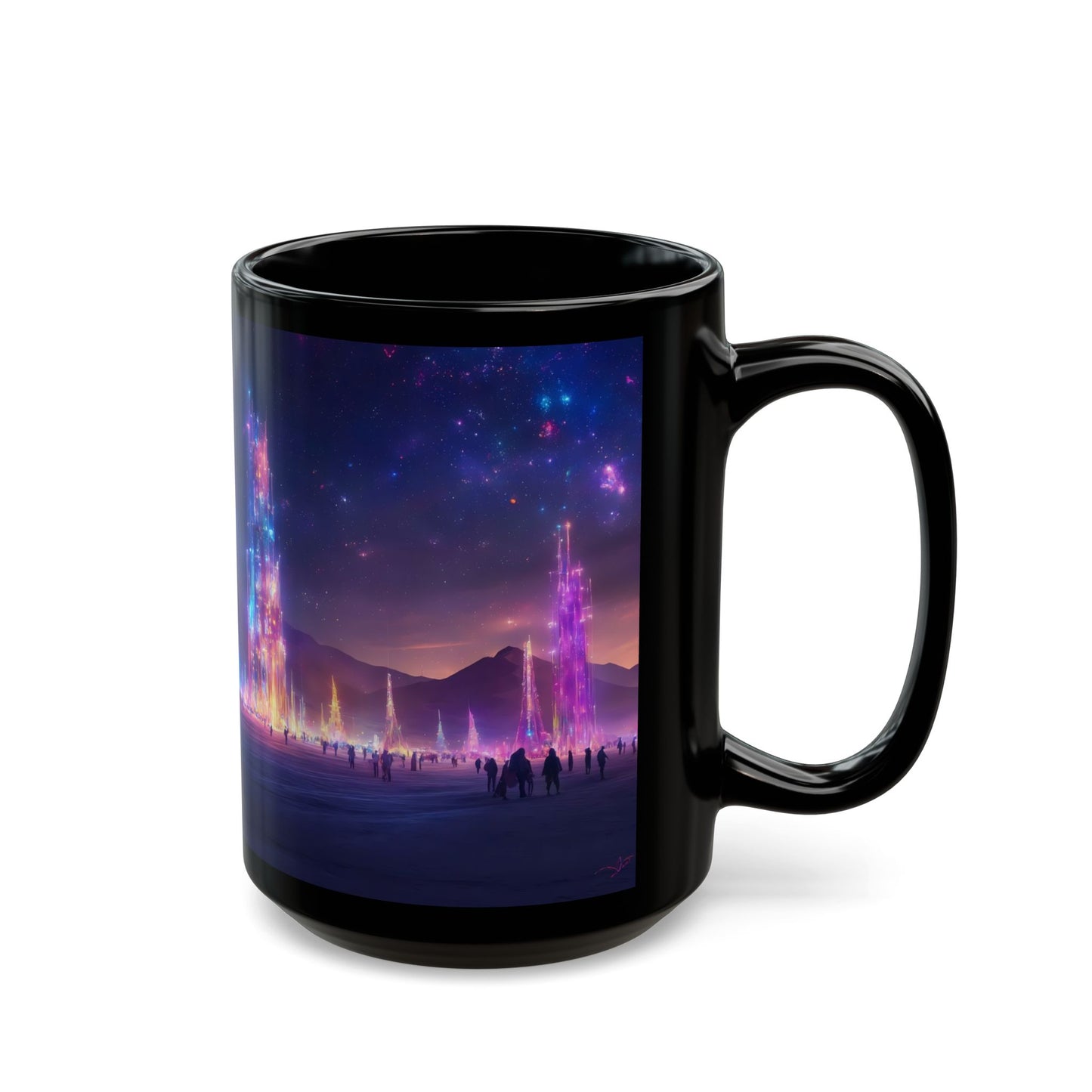 Cosmic Spire Sanctuary Black Mug – Neon Nebula Dreamscape