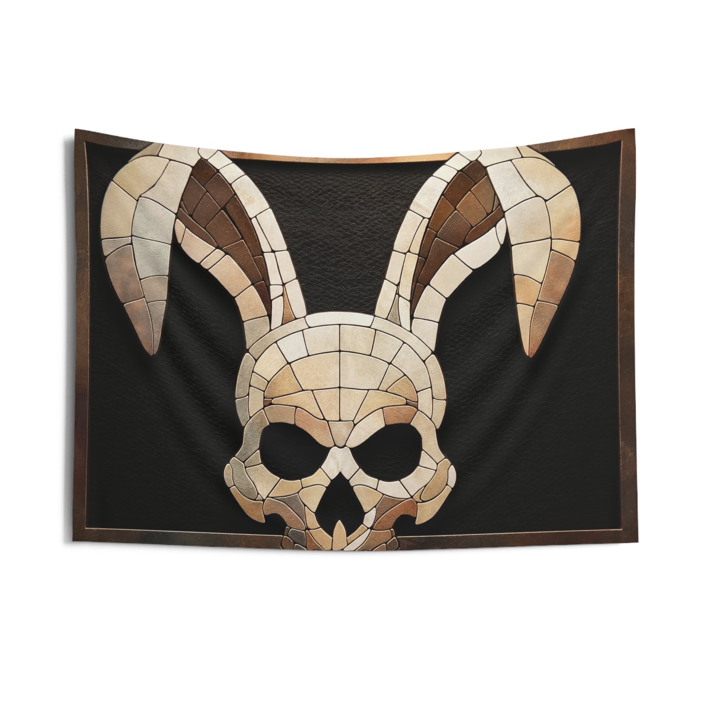Mosaic Bunny Skull Wall Tapestry – Antique Bone & Copper Dreamscape