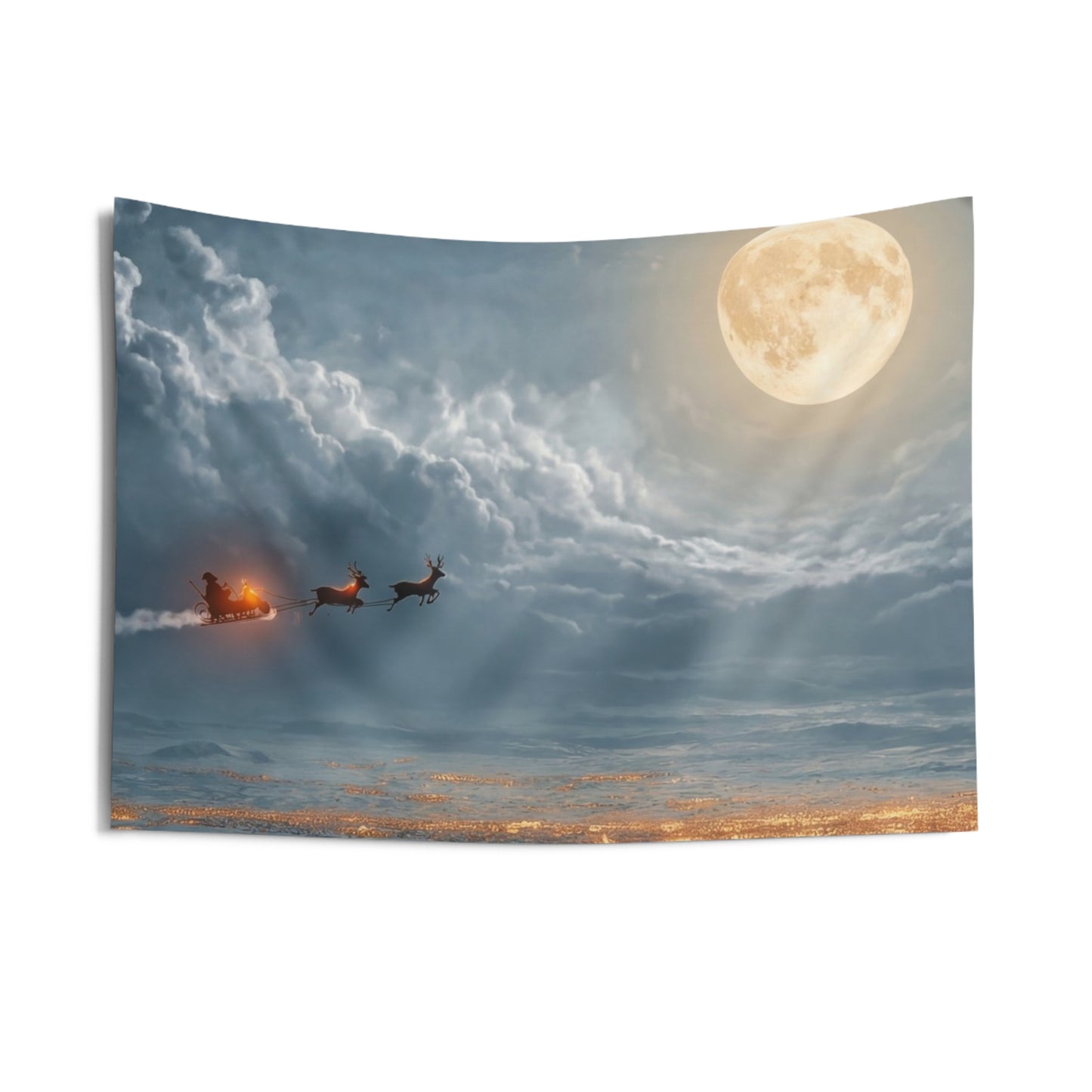 Moonlit Sleigh Ride Indoor Wall Tapestries – Winter’s Silent Journey Over Snow-Covered Town