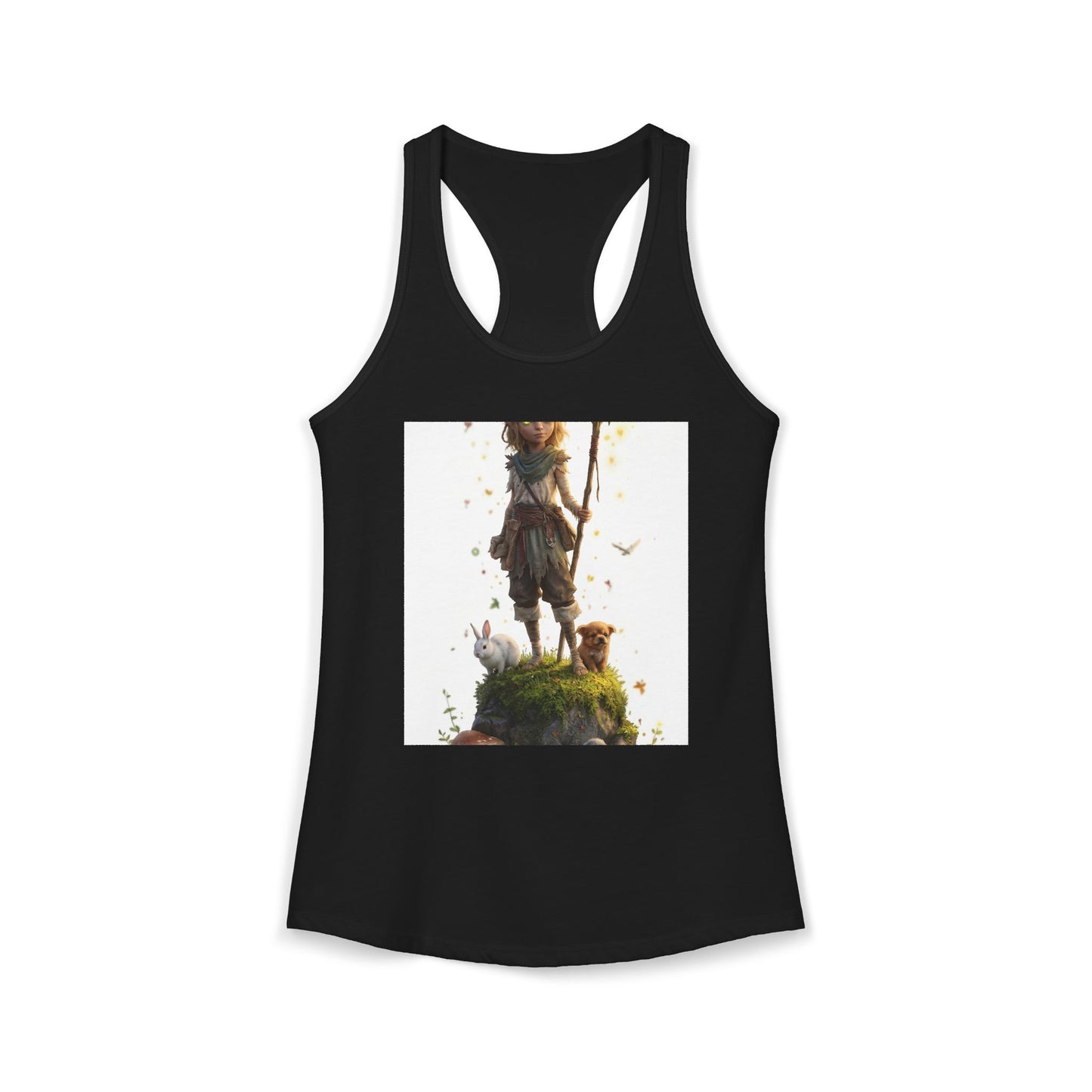 Forest Guardian Racerback Tank – Mossy Rock Sentinel with Rabbit Companions