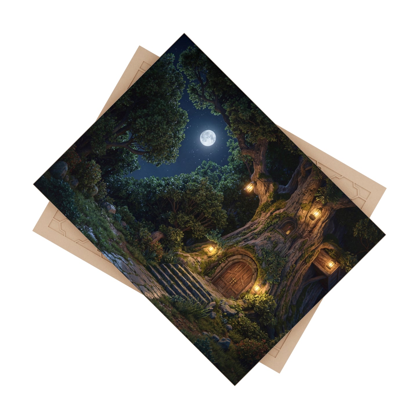 Moonlit Treehouse Haven Ceramic Photo Tile – Secret Garden Doorway Under Stars