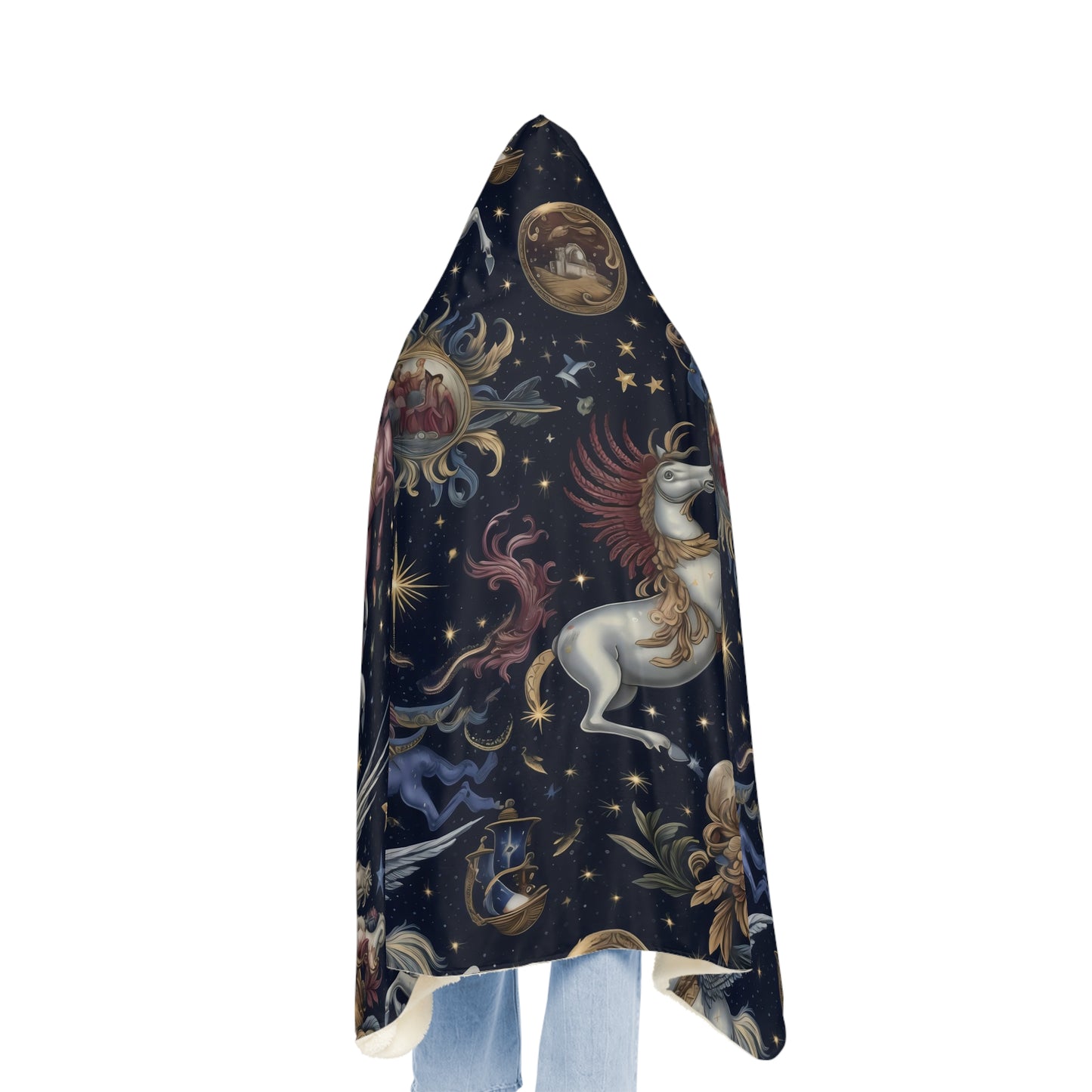 "A detailed pattern of mythical celestial creatures and constellations, such as Pegasus, Orion, and Cassiopeia, depicted in a tapestry of deep cobalt, rich burgundy, and luminous silver." -  Snuggle Blanket