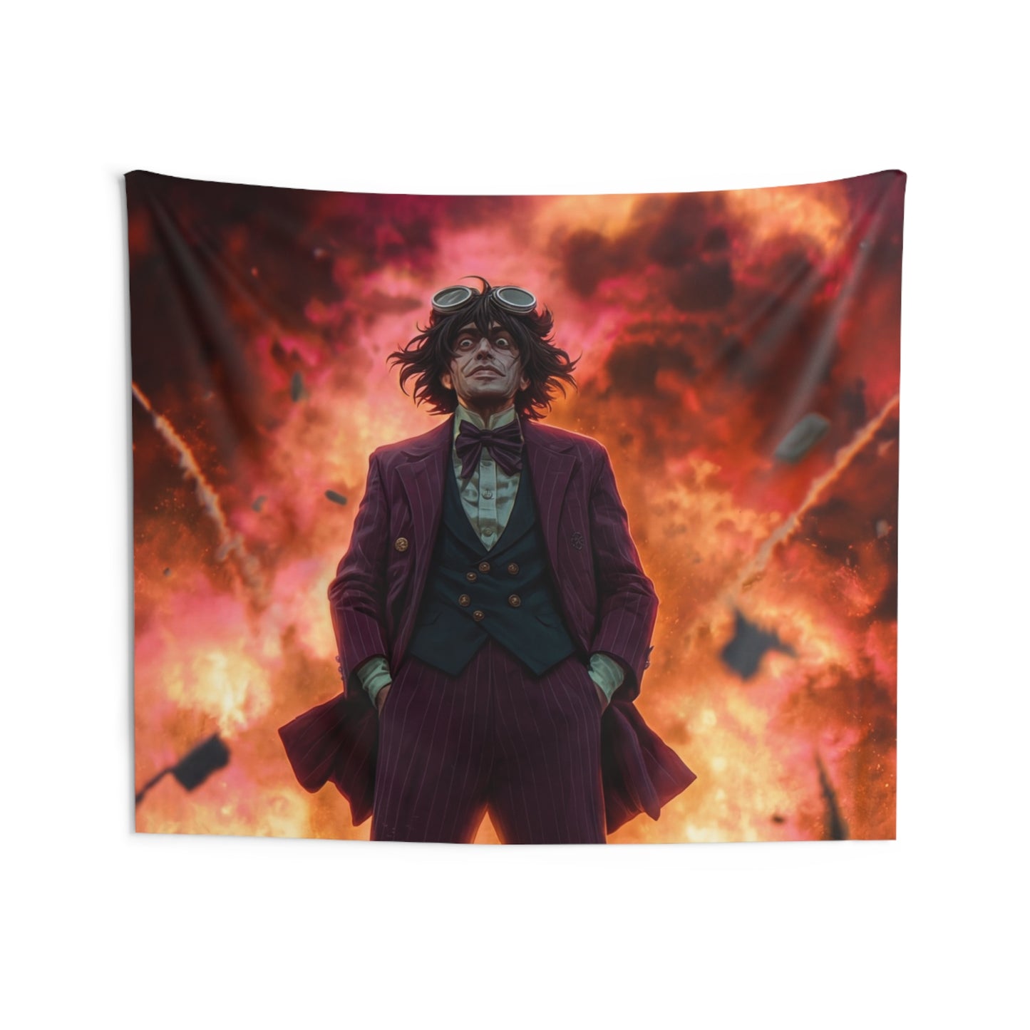 Goggles-Wearer Amidst Crimson Explosion Indoor Wall Tapestries – Calm in the Chaos