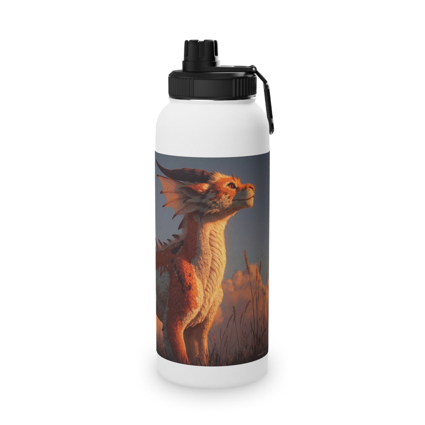 Sunset Sentinel Dragon Stainless Steel Water Bottle, Sports Lid – Amber Scale Horizon