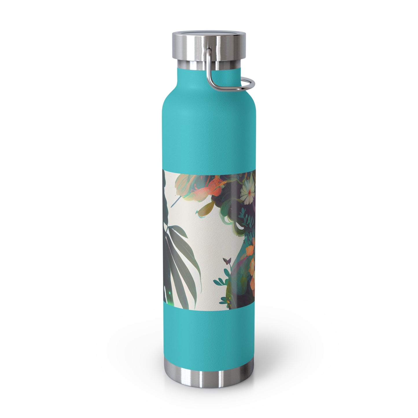 character design, double exposure shot, front profile of a beautiful tea faerie filled with a blooming amazonian jungle, happiness - Copper Vacuum Insulated Bottle, 22oz