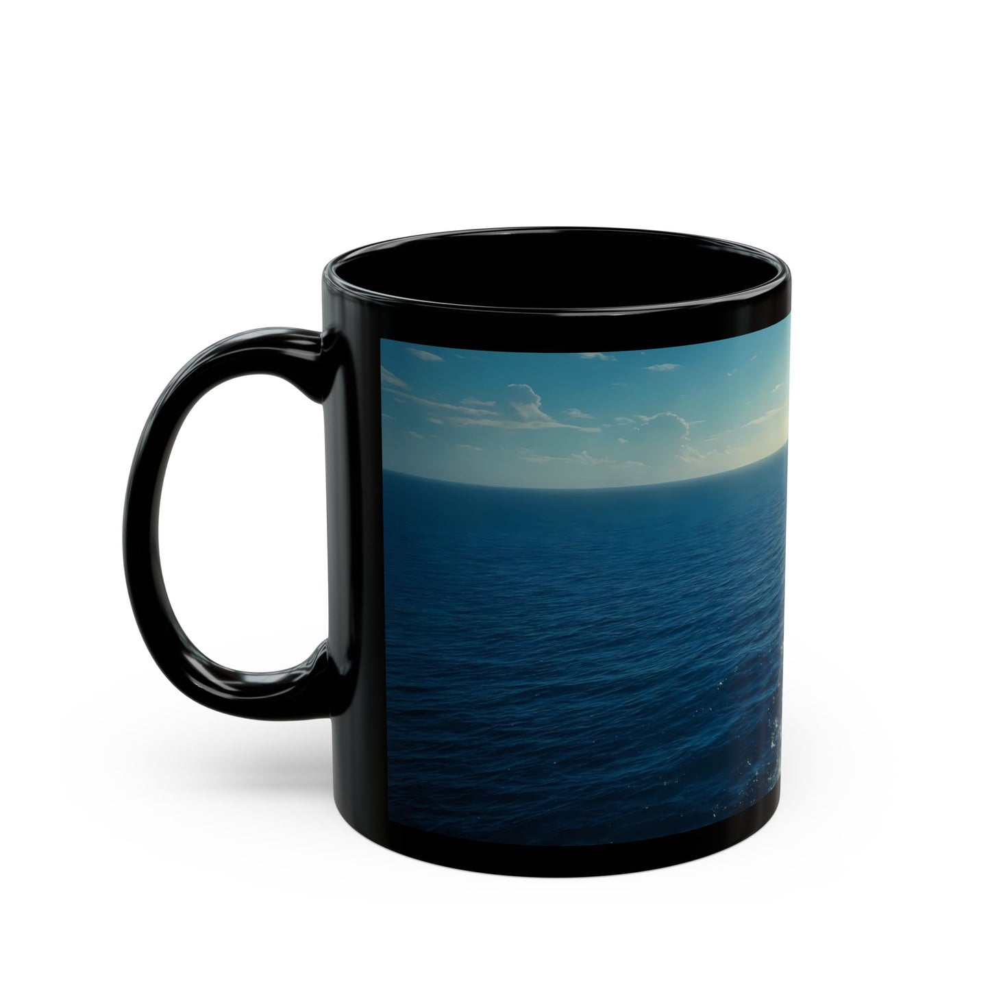 Sailboat Horizon Black Mug – Sunlit Seascape Voyage