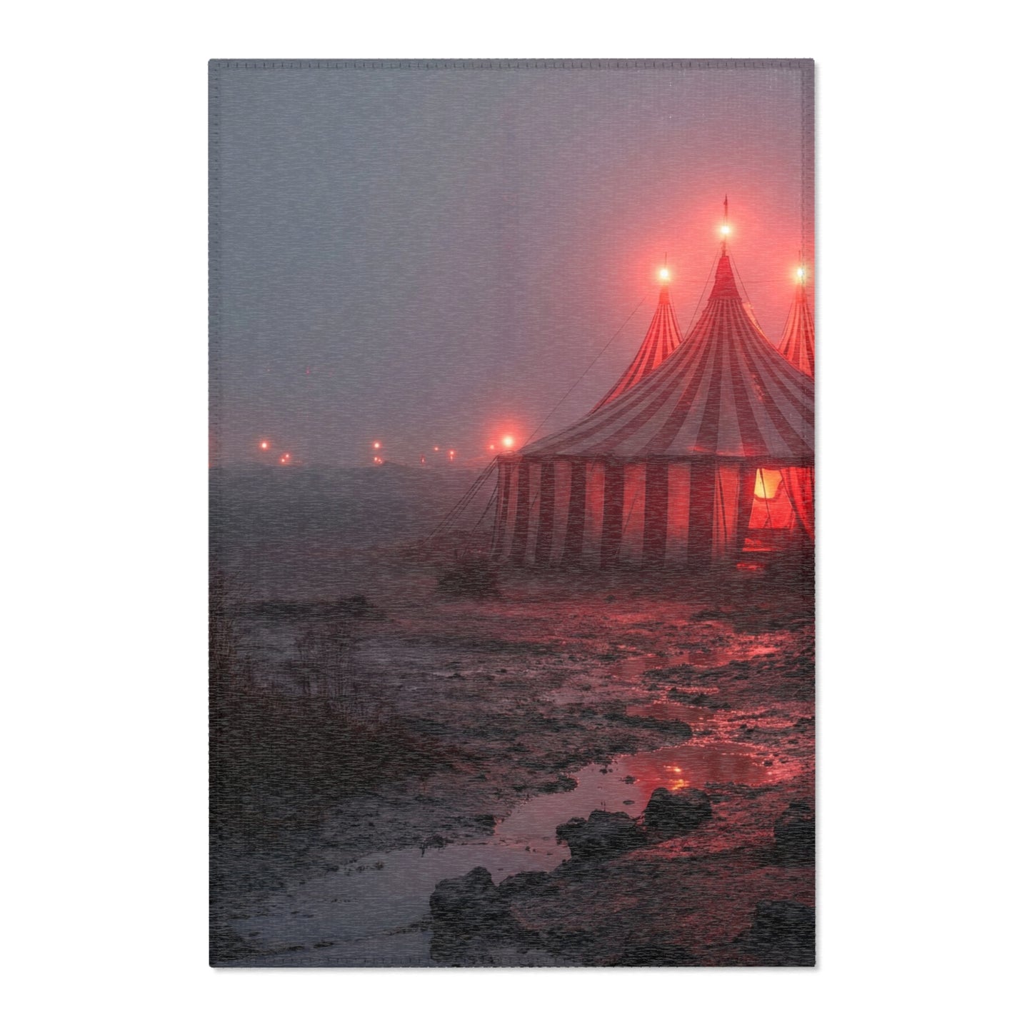 Crimson Circus Tent Area Rug – Fogbound Wonder on the Shore