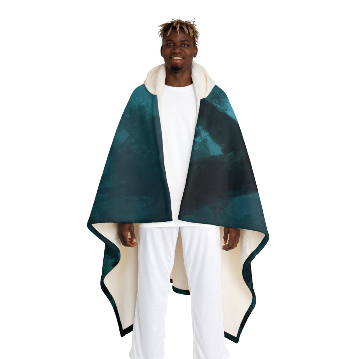 Forest Guardian with Glowing Blade Hooded Sherpa Fleece Blanket – Misty Grove Sentinel