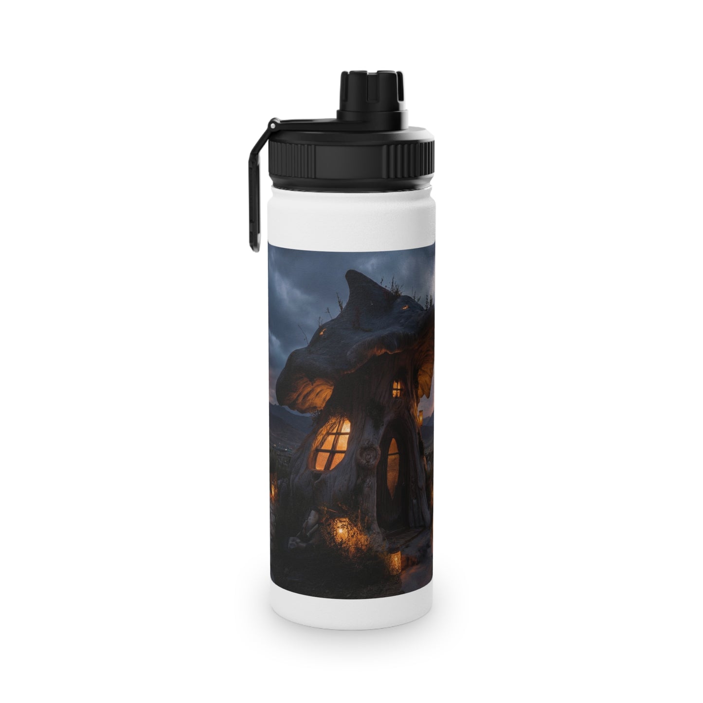 Mushroom Grove Retreat Stainless Steel Water Bottle, Sports Lid – Twilight Fairy Home Dreamscape