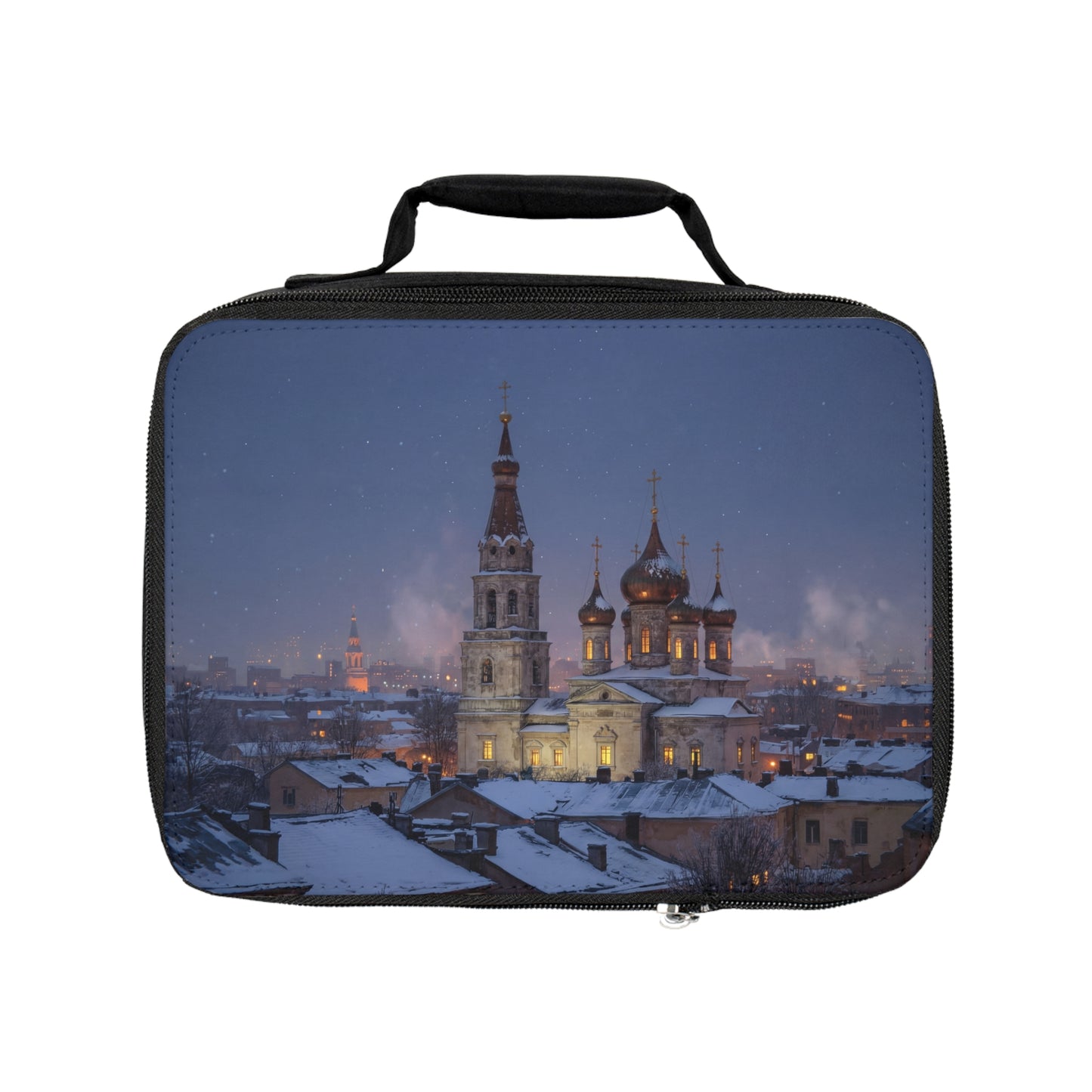 Winter Cathedral Snowscape Lunch Bag – City Lights Beneath Starry Skies