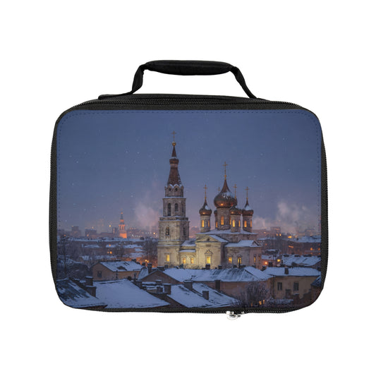 Winter Cathedral Snowscape Lunch Bag – City Lights Beneath Starry Skies