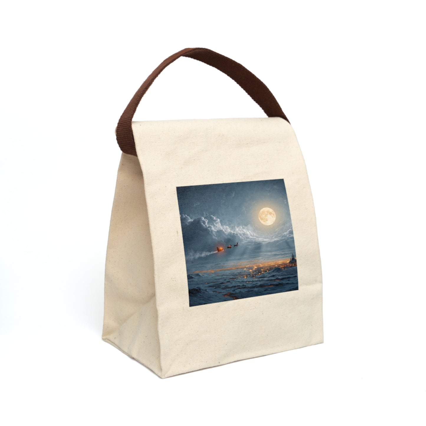 Moonlit Sleigh Canvas Lunch Bag With Strap – Frosty Night Flight Winter Scene