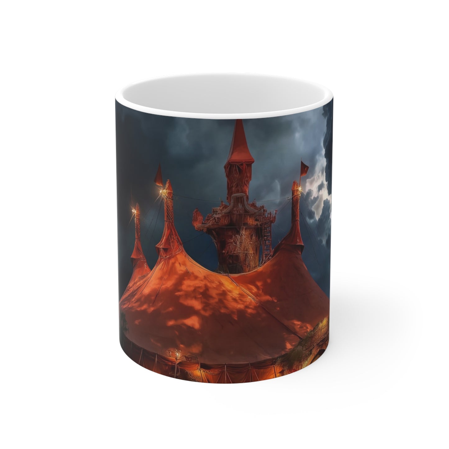 Crimson Circus Tent Mugs – Neon Nightscape Under Stormy Skies