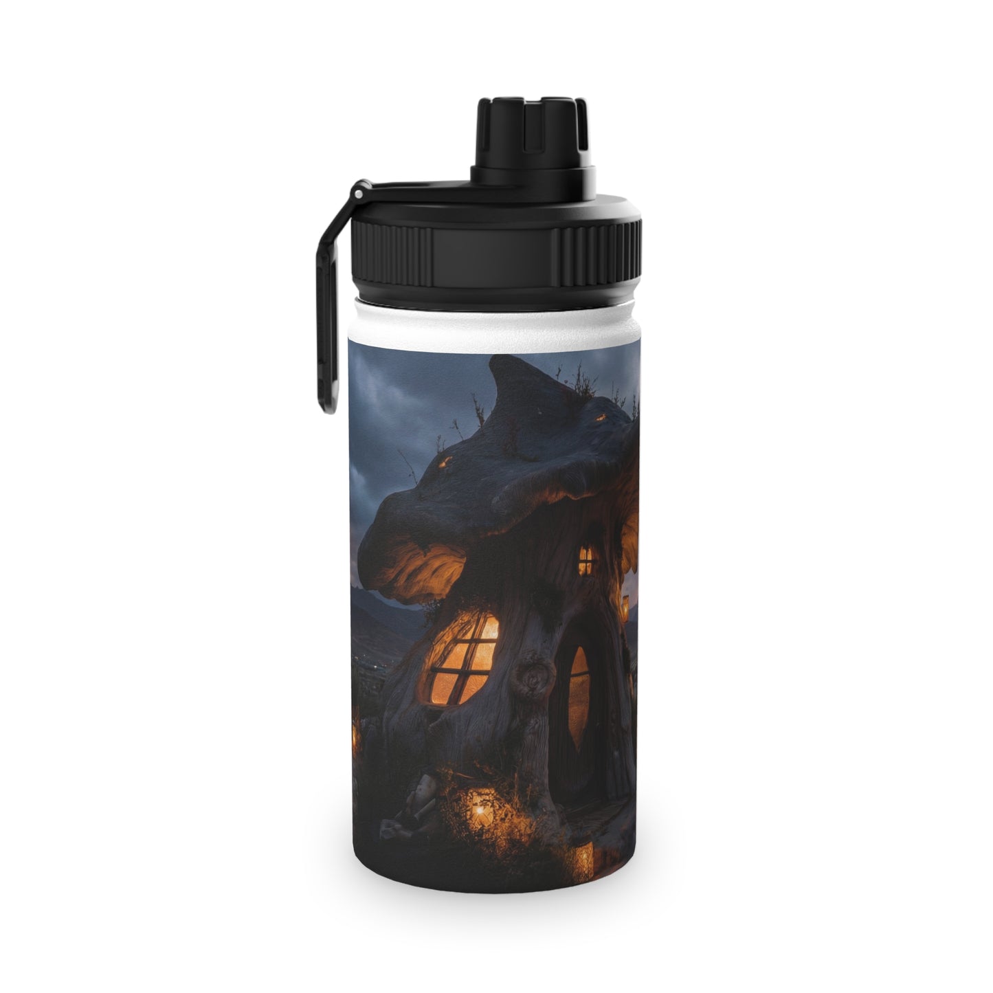 Mushroom Grove Retreat Stainless Steel Water Bottle, Sports Lid – Twilight Fairy Home Dreamscape