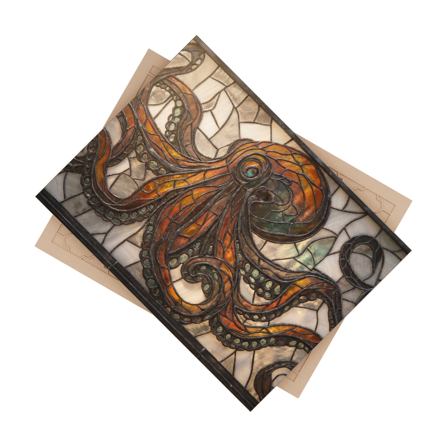 Stained Glass Octopus Ceramic Photo Tile – Amber Depths & Antique Lead