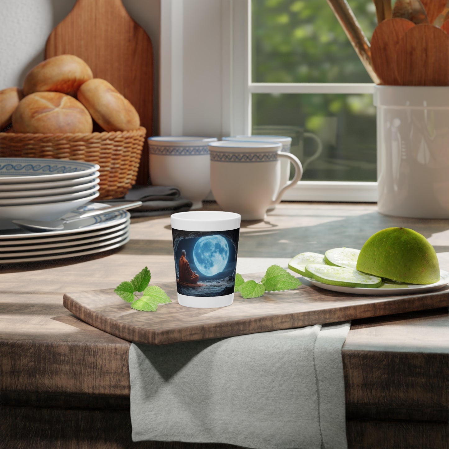 Moonlit Monk Shot Glass – Serene Cave Meditation Scene