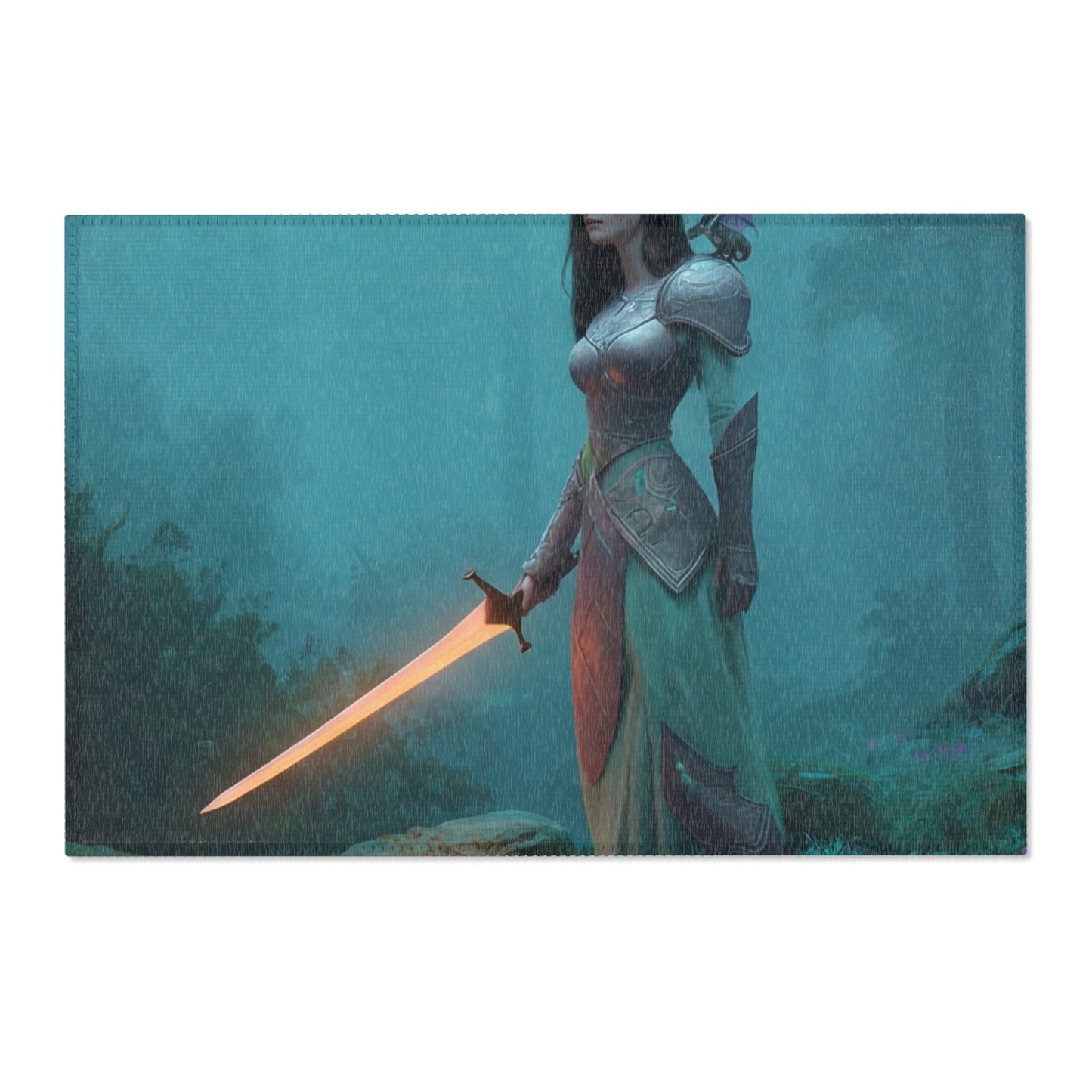 Elven Sentinel Area Rug – Twilight Grove with Glowing Blade