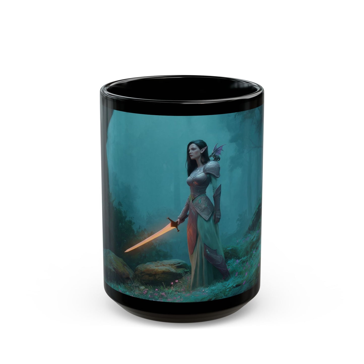 Twilight Sentinel Black Mug – Misty Forest Guardian with Glowing Sword