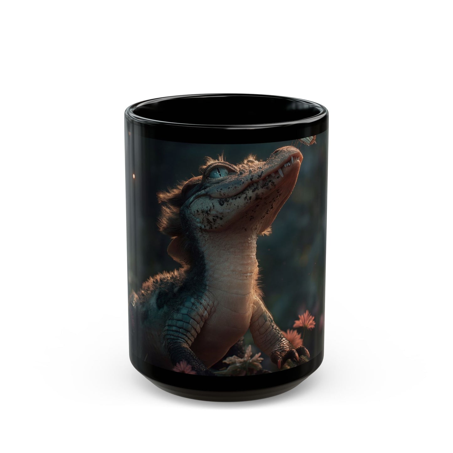 Gentle Crocodile & Butterfly Black Mug – Twilight Garden Whispers