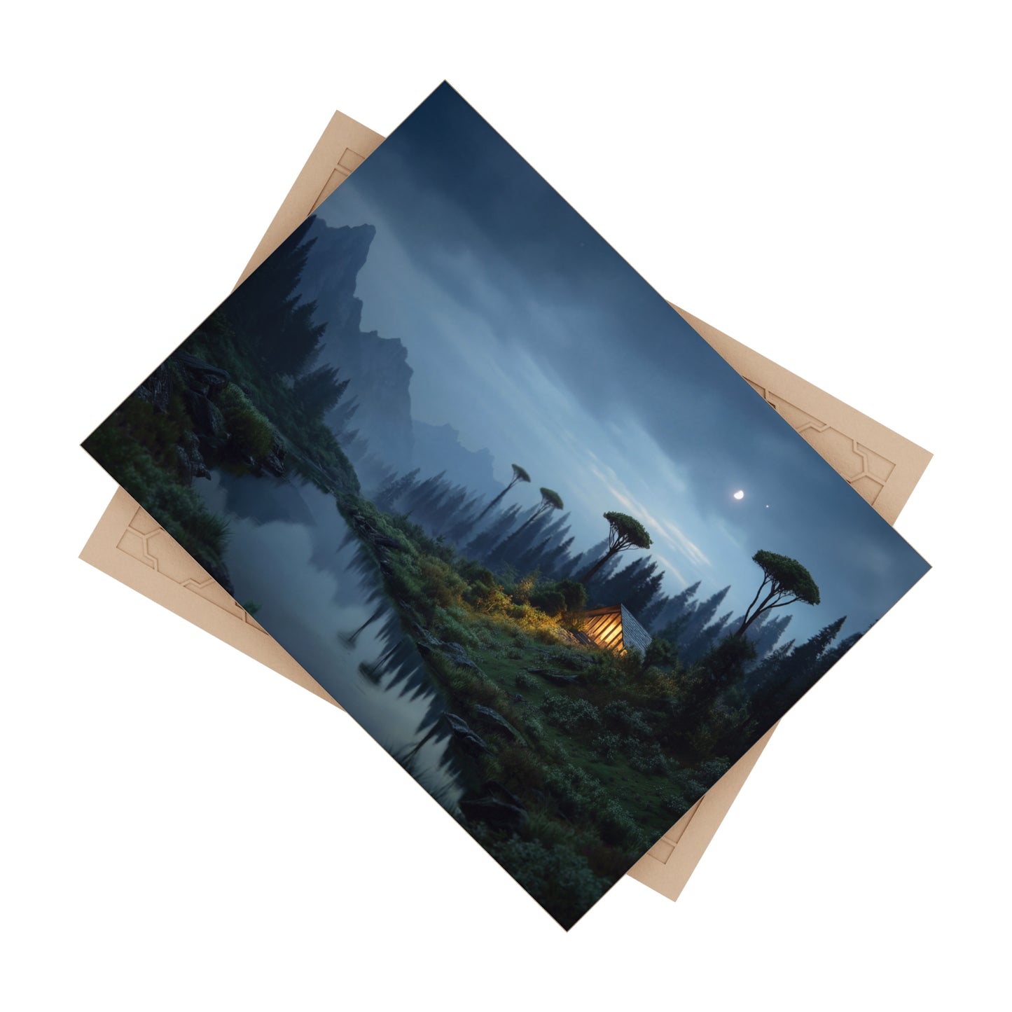 Mountain Cabin Moonlight Ceramic Photo Tile – Whispering River Sanctuary