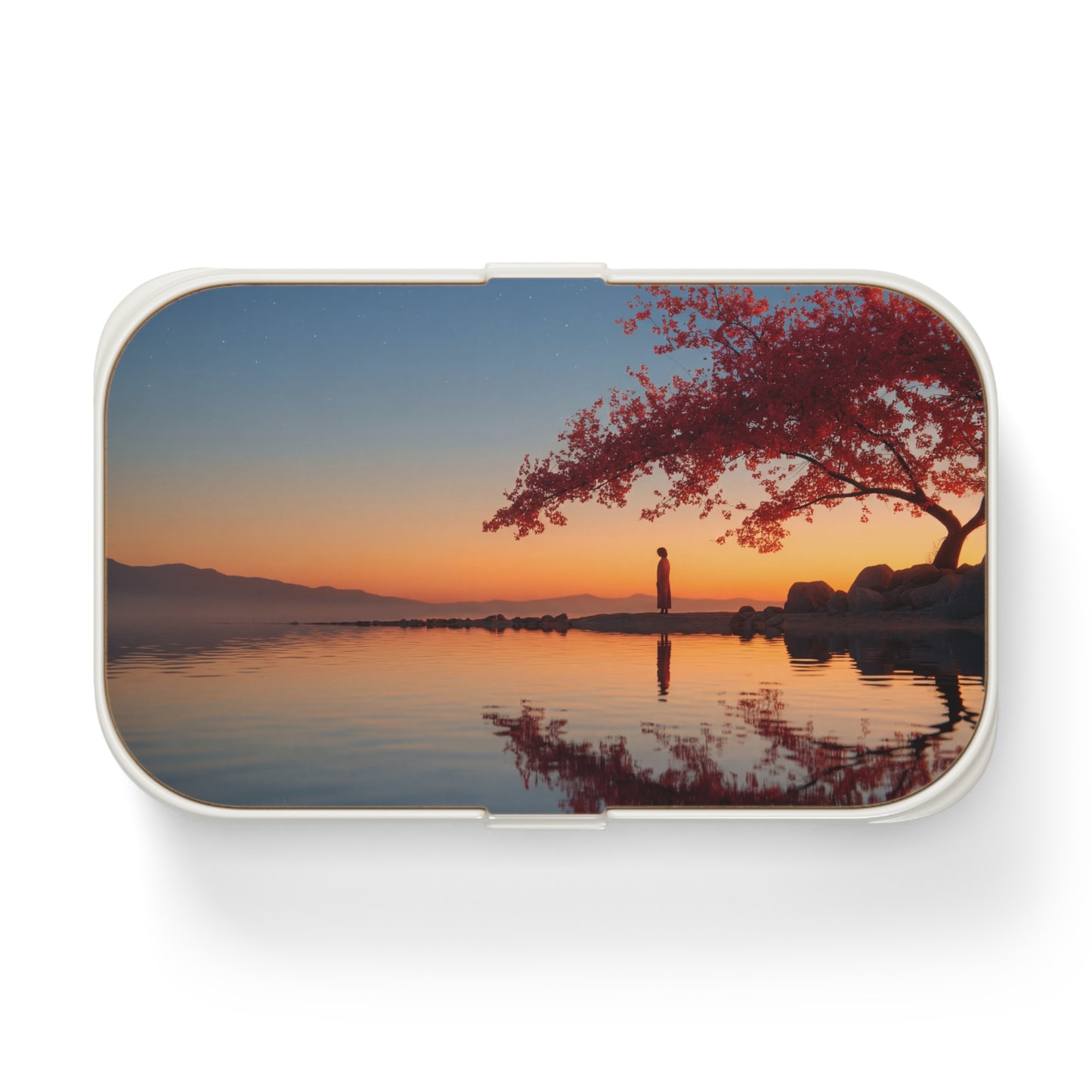 Crimson Cherry Blossom Bento Lunch Box – Twilight Reflections at Lake’s Edge