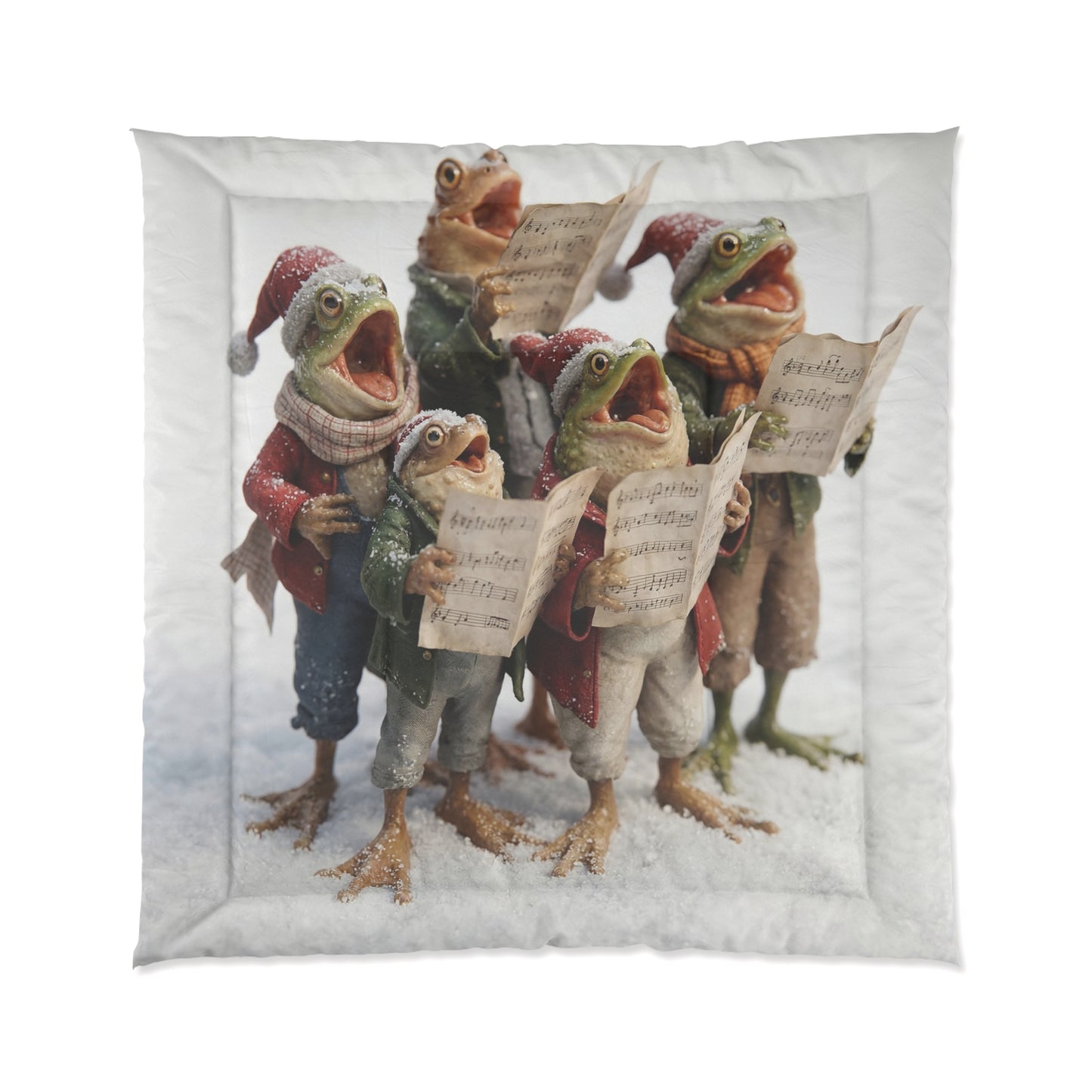 Frogs in Snow Choir Comforter – Winter Carolers Singing Through the Frost