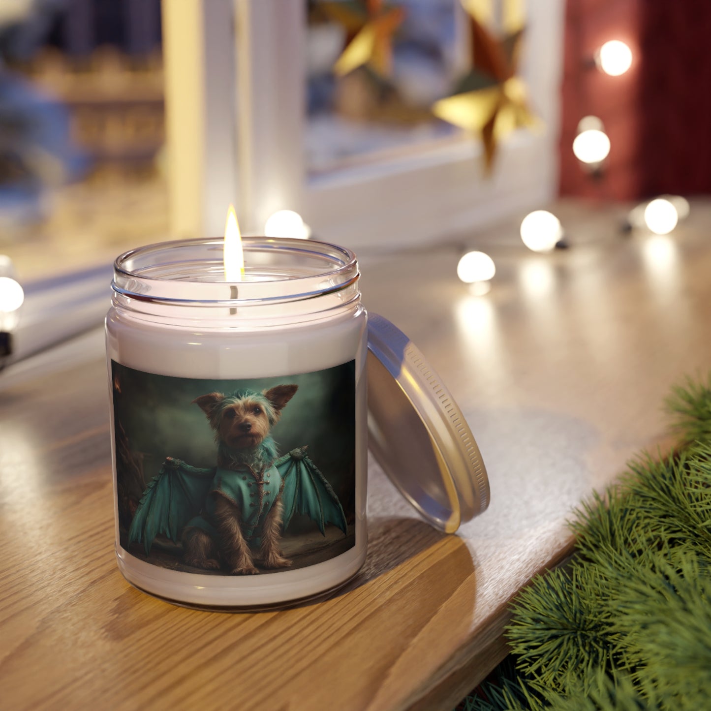 Dragon Knight Yorkshire Terrier Scented Soy Candles with White Lid, 9oz – Emerald Armor in a Foggy Grotto