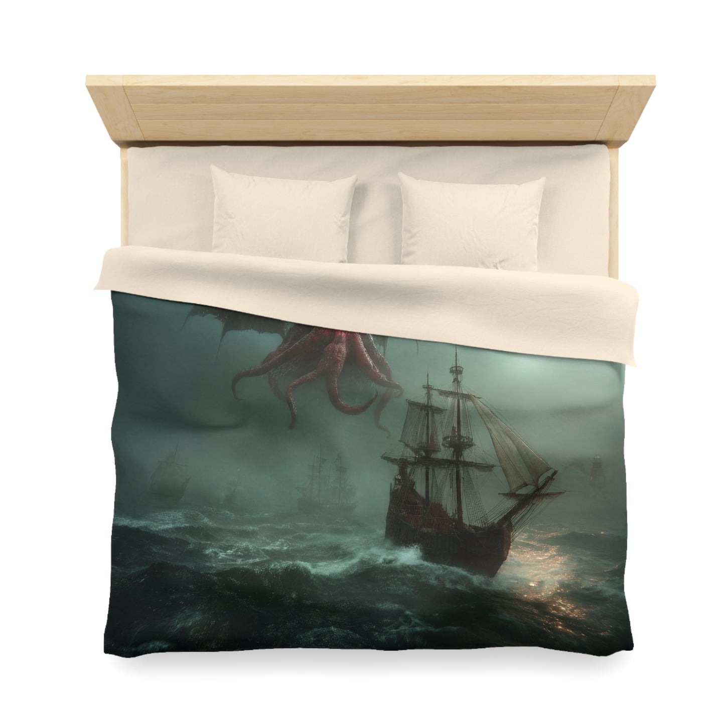 Leviathan Sentinel Microfiber Duvet Cover – Crimson Winged Guardian Seascape