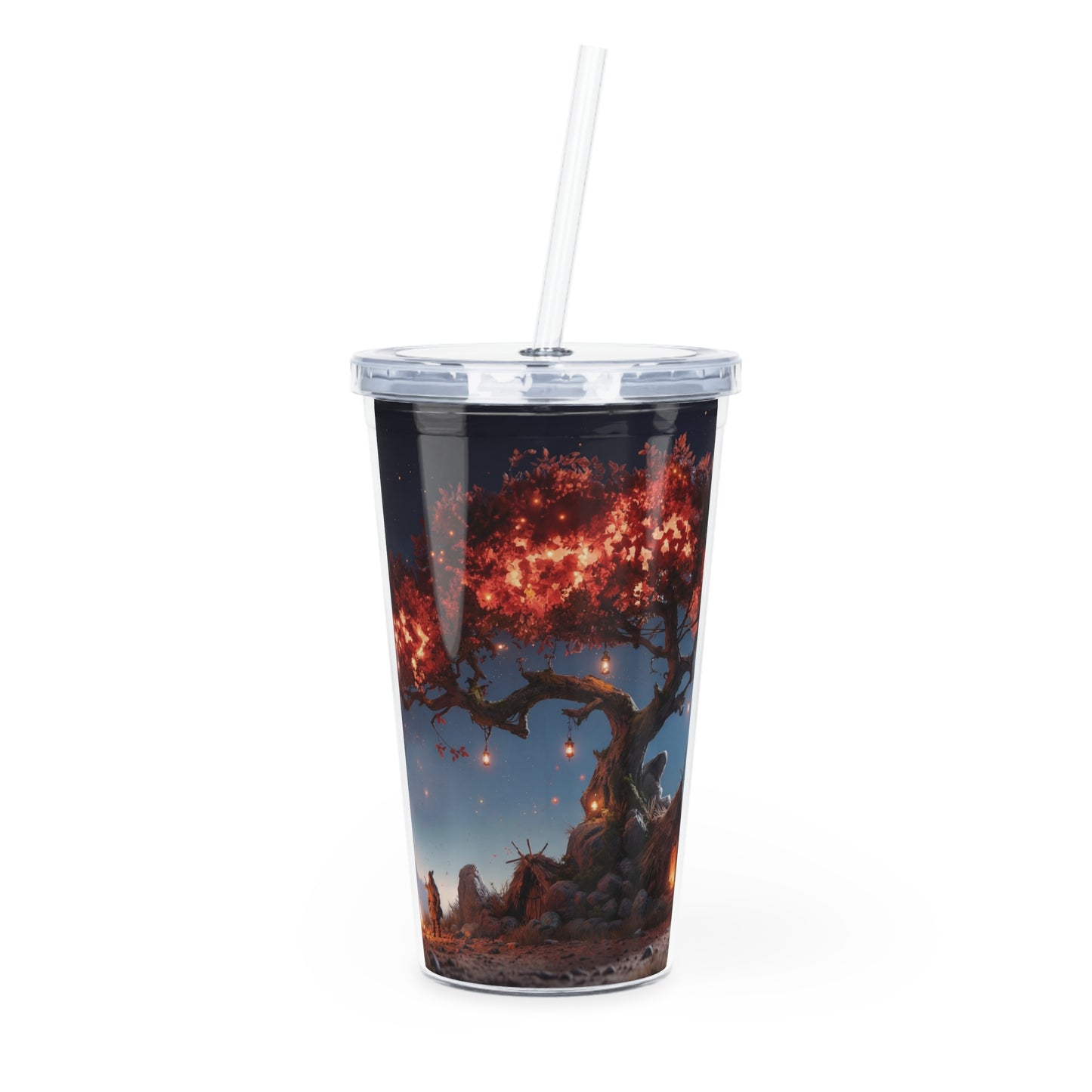 Whispering Ember Tree Plastic Tumbler with Straw – Moonlit Haven Under Crimson Canopy