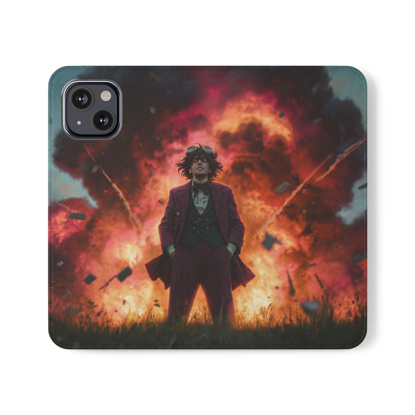 Goggles & Chaos Flip Cases – Purple Suit Amidst Fiery Explosion